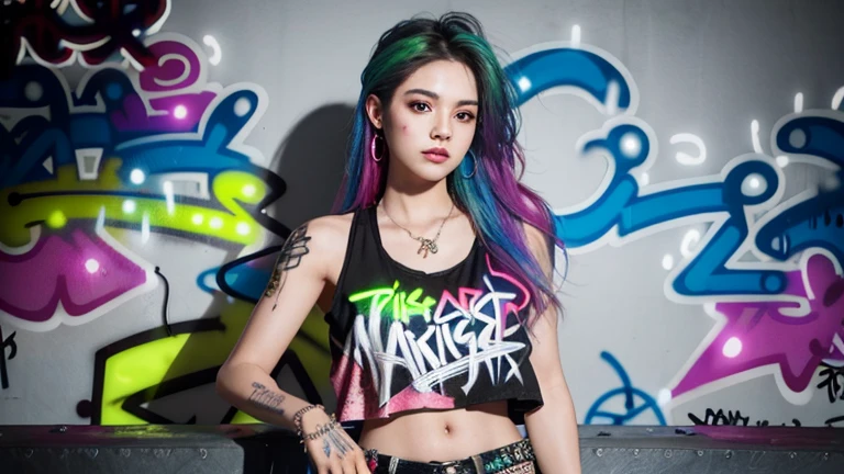 Professional:1.6 model girls, (最high quality, 4K, 8k, High resolution, masterpiece:1.2), Ultra-detailed, Realist, Punk Style, Punk Fashion, ((Upper body portrait)), Spiked clothing, Chain Accessories, Rebel pose, Mohawk Alto, Flashy rainbow hair, Nervous background, Studio Lighting, Dynamic pose and elegant、masterpiece, 最high quality, high quality, High resolution, (((Upper body portrait)))、Super busty sexy