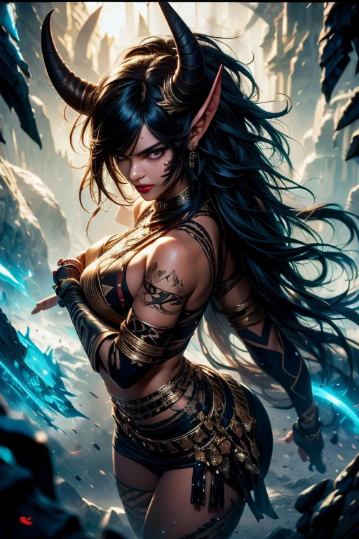 8k_wallpaper, extremely detailed eyes, extremely detailed body, (large masterpiece digital art), (detailed manga illustration), (detailed line art), ((perfect anatomy)), (intricate details:1.3), (ultra-detailed:1.3), (illustration:1.3), (sharp focus:1.3), (natural lighting:1.05), (vivid colors:1.3), (masterpiece), (best quality:1.4), (perfect anatomy:1.4), high quality, expressive eyes, full body, detailed face, beautiful face, perfect face, 1girl, dark skin, animal ears, black sclera, smile, colored sclera, breasts, solo, monster girl, black hair, (wolf ears), large breasts, curvy, wide hips, long hair, ((gold eyes)), claws, grin, fur, looking at viewer, collar, ((dynamic action pose)), tail, wolf tail, dragon horns, wings, sadistic smile, hair over eye, {regal outfit}, tiny top hat, (hellscape background), blue fire, curvy, china dress, dark skin,