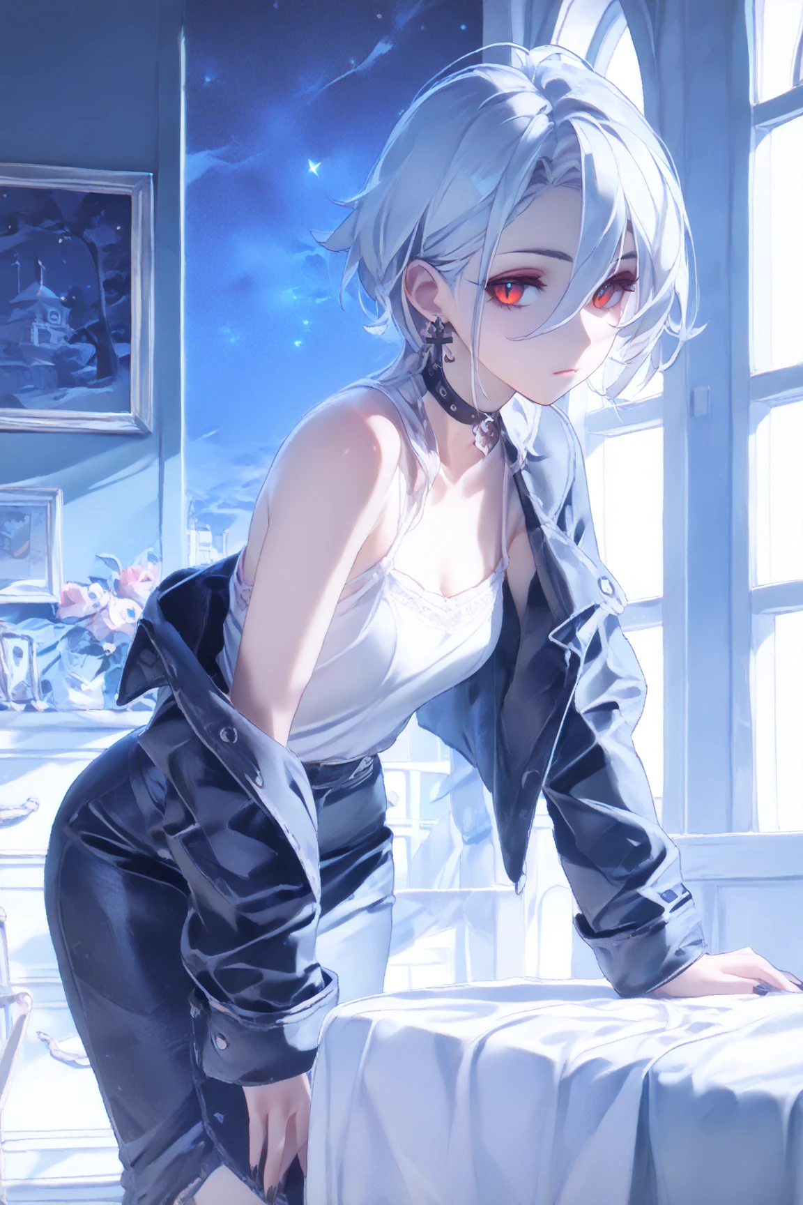 ((Biologically correct limb count))、(( Full-body photo including face))、4K、((Standing position))、masterpiece、((Focus on the face))、((Symmetrical facial features))、Eye for detailed depiction、Beautiful blue-haired woman、Excellent style、Beautiful clavicle、Beautiful feet、Beautiful Hands、Slender body、(stockings、garter belt、High heels）、Facial detailing、Small earrings、necklace、(rubber jacket、Pleated skirt)、High heelsに照明を当てる、tie、sunny、(((Photo frame with white border)))、Fascinating、((She is sitting with her buttocks thrust back and her upper body arched, looking up.))、Night Pool、(Low - Angle、A camera angle that captures the inside of a skirt from below)、Silk gloves、(((Black Hair、Silver hair)))、(((Moments of ecstasy)))、((Looking back))