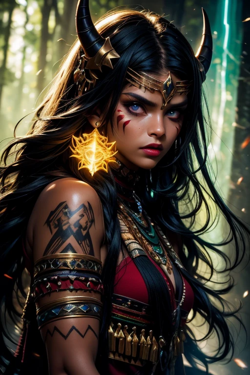 The best quality,4k,8k,High Resolutions,masterpiece:1.2),ultra detailed,(realist,fotorrealist,fotorrealist:1.37),portrait,science,Portrait of an 18-year-old African-American girl full of tribal tattoos,red golden bikini:1.4,( red roses flying through the air:1.4), ((long curly blue hair+rosado:1.4)) ,all wet with water, wet body (( in the hot spring near the waterfall)), big breasts,wet blue hair, Water body, sexy pose,Startled expression looking at the camera , Transparent red golden short dress, Rainy storm at night, lamp loading in the air,8K Oponente realist