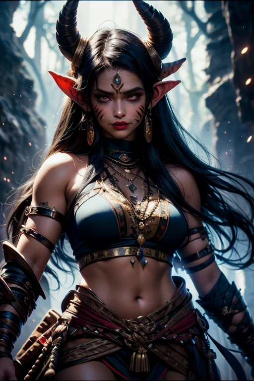 A bikini-clad brunette tiefling on a lake, Realistic, Charismatic, Muitos detalhes, Tema Fantasia Medieval, cabelos longos com franja, 25 anos, corpo inteiro, rosto da princesa, corpo definido, Realismo, Cinematic lighting, de cima, super detalhe