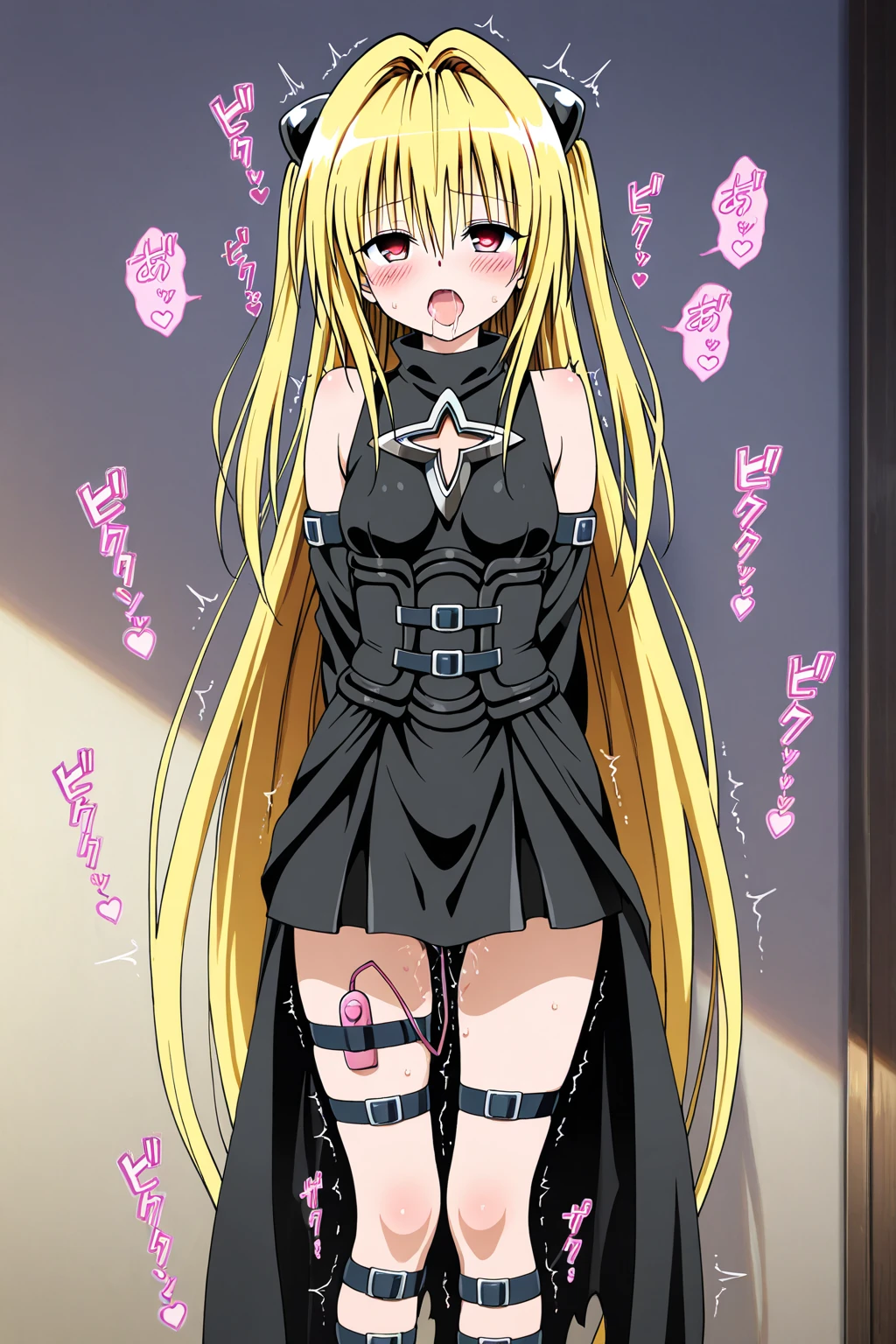 NSFW,masterpiece,Highest quality,High resolution,Very detailed,Golden Darkness\(To Love-Ru\),Blonde,Red eyes,long hair,Two Side Up,Small breasts,Black Dress,Sleeveless,Removable sleeves,belt,Cleavage cutout,Cutouts for clothes,Thigh straps,Knee socks,hair ornaments,(Lustful face),(??????? face),blush,Night School,classroom,machine,(Seduce),sexual excitement,Stick your butt out,My crotch is wet,(Having sex),insert,Creampie,Trembling,Sticking out tongue,Drooling,(Middle-aged men)