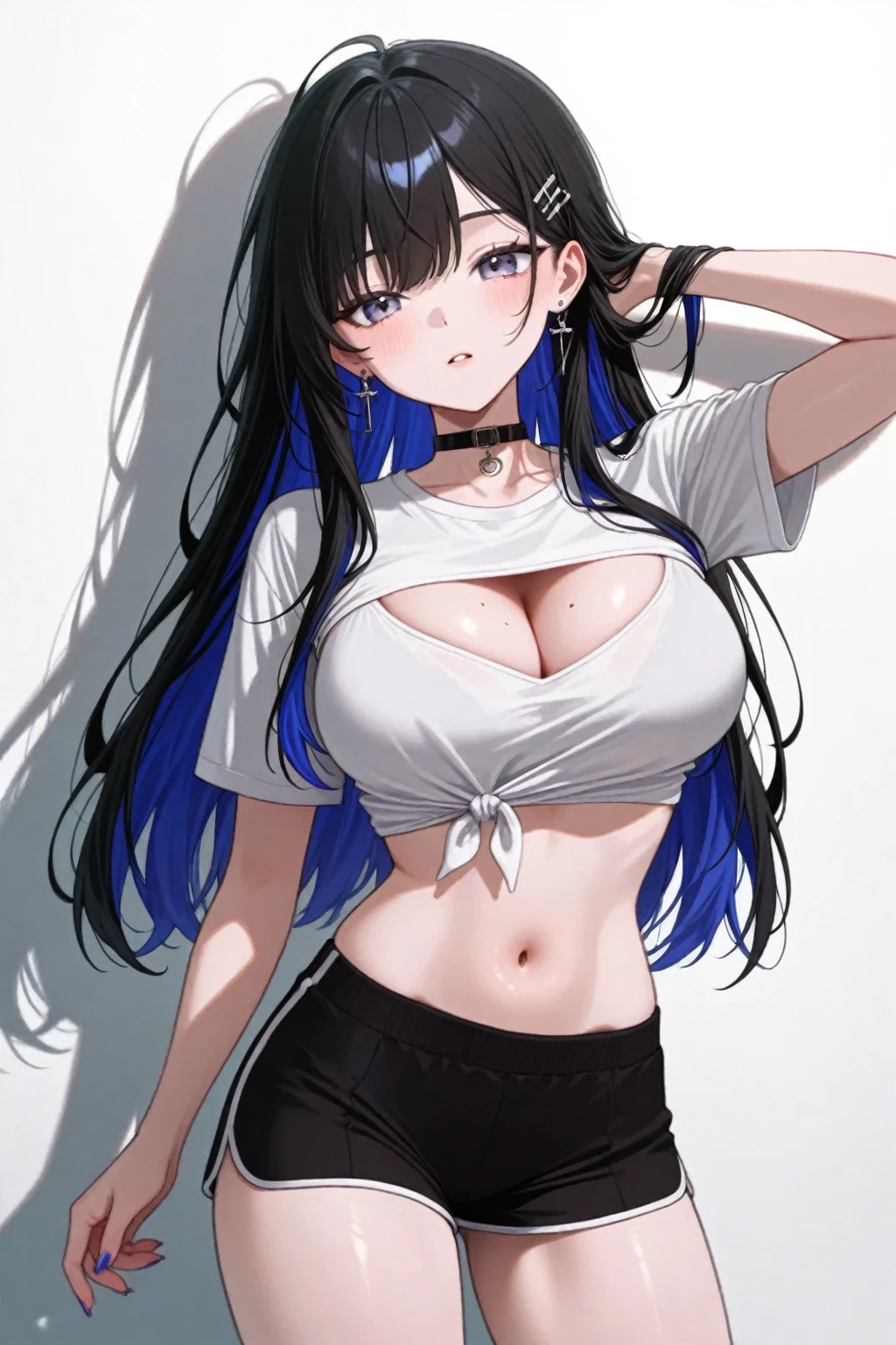 1girl, Long black hair, hair framing face, pale blue eyes, sexy, stoic expression, facing viewer, white tank top, choker, cleavage, perfect body, denim jeans, jewelry, seductive pose, necklace, jewelry
