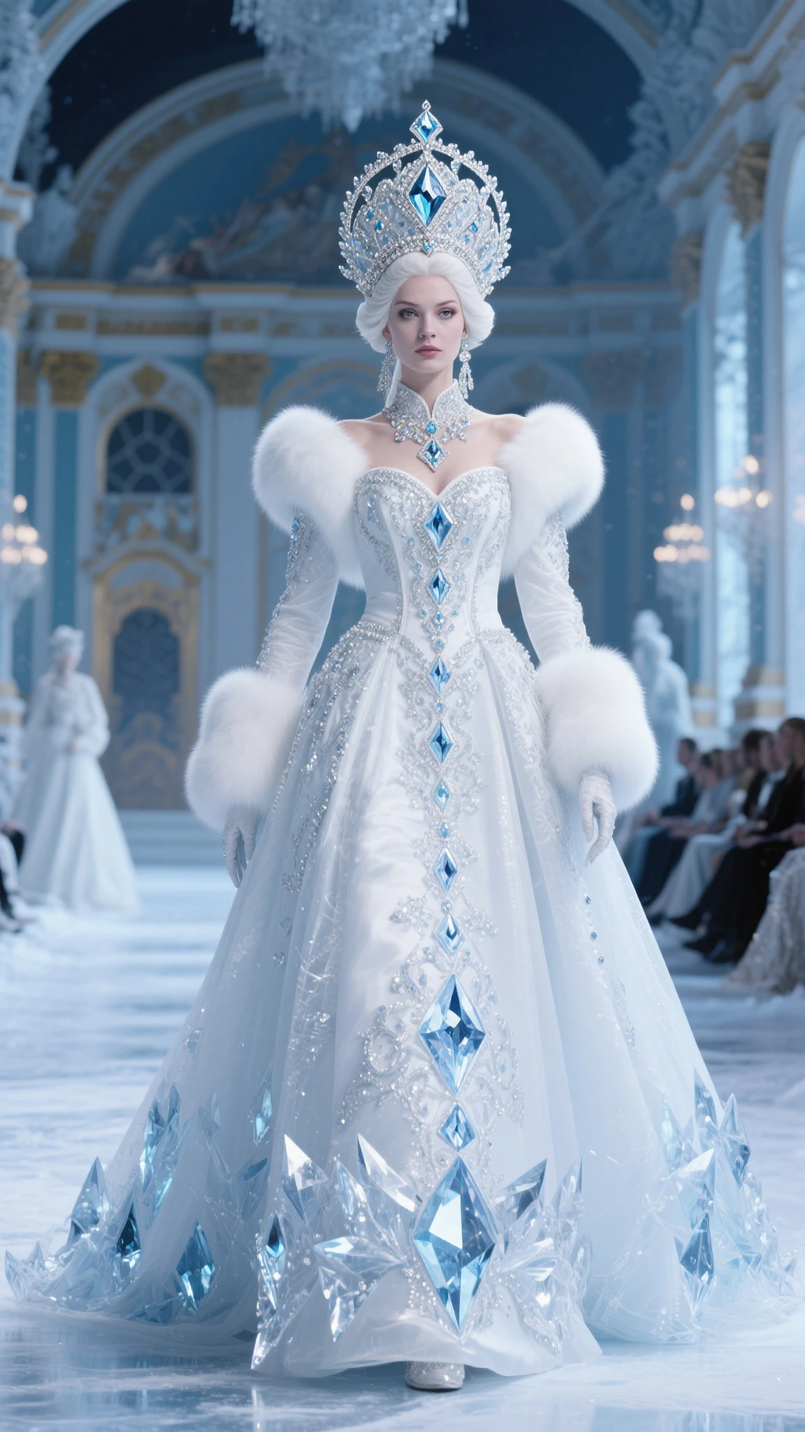 create a  and elegant snow-white outfit with a vent layer and rhinestones., Large sash and blue, , yellow and red, translucent neck. 