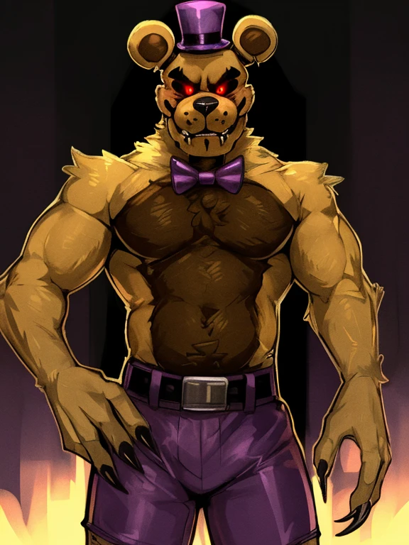Springtrap FNAF / Five Nights at Freddy's, best quality, handsome, Smiling, mouth open, holding glassess, cool pose, purple casual shirt, purple casual pants, muscular, large bulge in casual pants