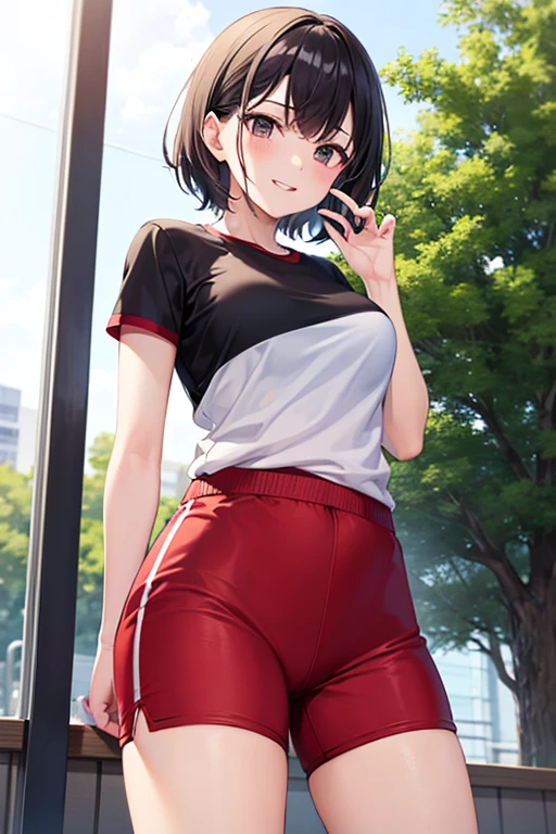 A short-haired, black-haired, muscular mature woman wearing a red long-sleeved, long-pants gym uniform, pink long gloves and white rubber boots, picking up trash in the schoolyard while smiling gently