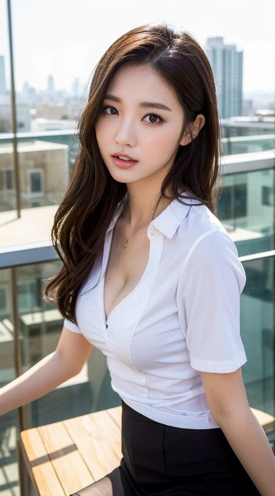 (Perfect Anatomy:1.2),Wearing a white open shirt,Sexy woman sitting on a chair, Wearing pantyhose, Crossing your legs, lower angle, Elegant legs, She wore a miniskirt secretary-style suit., Japanese Model, born,(8k、highest quality、masterpiece:1.2)、(Intricate details:1.4)、(Photorealistic:1.4)、Octane Rendering、Complex 3D rendering with ultra-detail, Studio Soft Light, Rim Light, Vivid details, Super Detail, Realistic skin texture, Detailed aspect, Beautiful details in the eyes, Highly detailed CG Unity 16k wallpaper, compensate, (Detailed Background:1.2),Glowing Skin,Wavy long hair with no bangs,Cute face:1.2,Age 20,Exposed thighs!!!,Smiling,