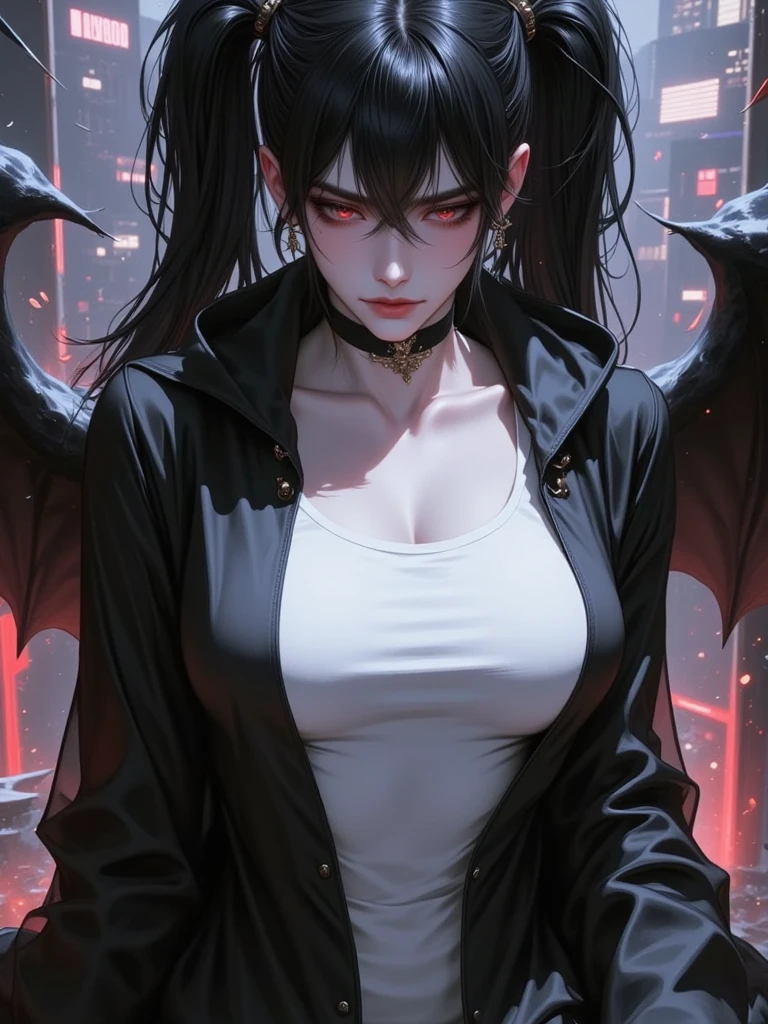 (outside, scary castle, raining, evening, soft light, dim lit, moody vibe, horror \(theme\), ), (insanely detailed, beautiful detailed face, masterpiece, best quality), 1girl, succubus, demon girl, mature female, (black hair), pink eyes, grin, smirk, demon horns, black tail, black demon wings,