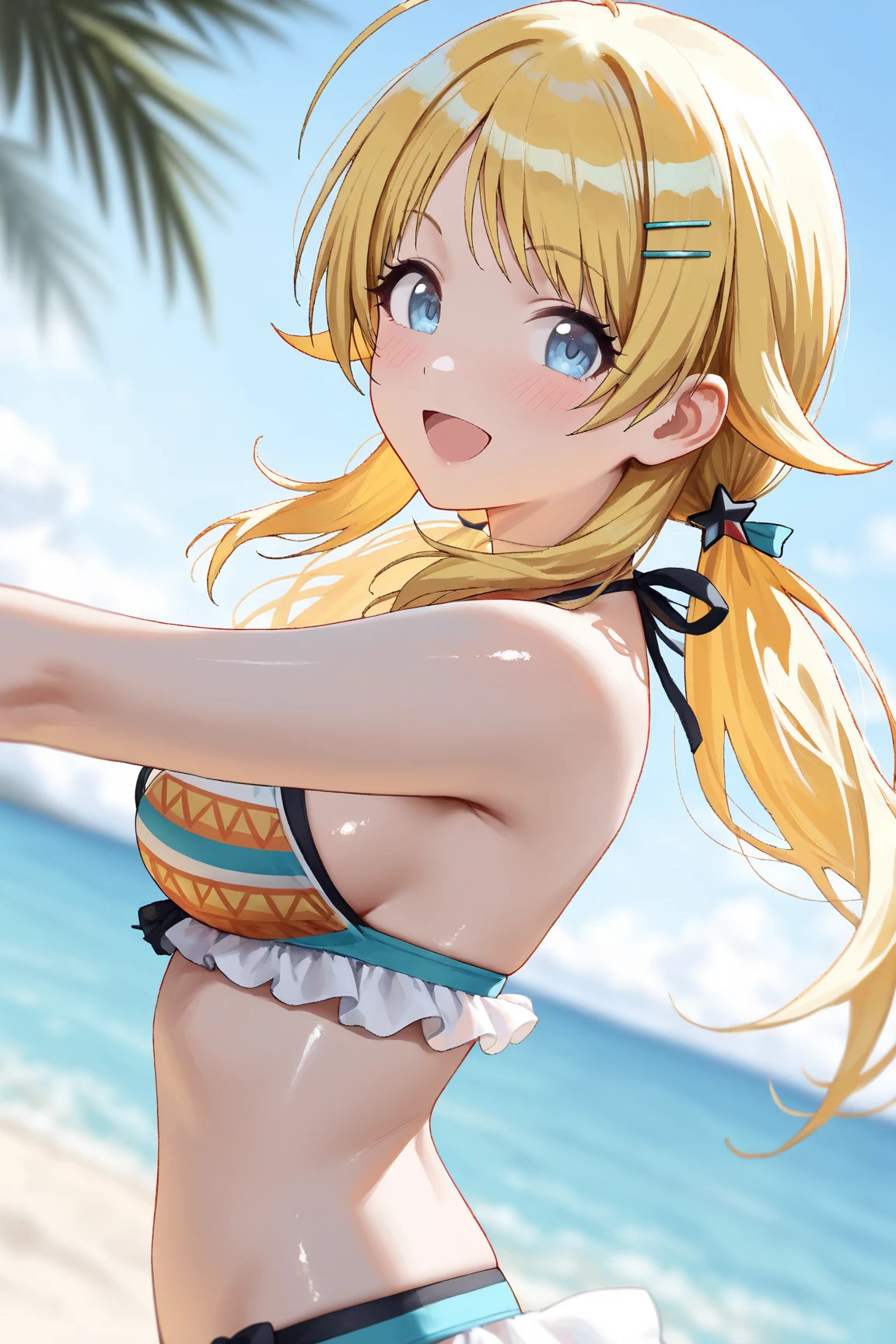 mahirushiina, Mahiru Shiina, Long Hair, bangs, Blonde, Brown Hair, (Yellow Eyes:1.3), smile,blush,Hair Bun, double  Hair Bun,Yellow bikini swimsuit,barefoot,Water Play,Ocean,Sandy Beach,whole bodyがイラストに入るように,Wet Hair,Wet Skin,Wet swimsuit,
break outdoors, Beach,
break looking at viewer, whole body,(Cowboy Shot:1. 5)
break (masterpiece:1.2), Highest quality, High resolution, unity 8k wallpaper, (figure:0.8), (Beautiful attention to detail:1.6), Highly detailed face, Perfect lighting, Highly detailed CG, (Perfect hands, Perfect ???????),