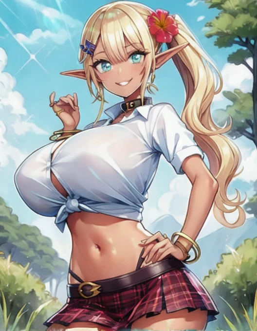 (2d, anime), (thick eyelashes:1.3, black eyeshadow:1.1), (MyunMyun_Lafleur), elf, brown skin, navel, shiny skin, huge breasts, plaid skirt, belt, shirt, tied shirt, wrist scrunchie, necklace, bracelet, standing, facing viewer, grin, seductive smile, outdoors,  trees, grass,  own hands on hips, wink
 <lora:MyunMyun_Lafleur:0.8>