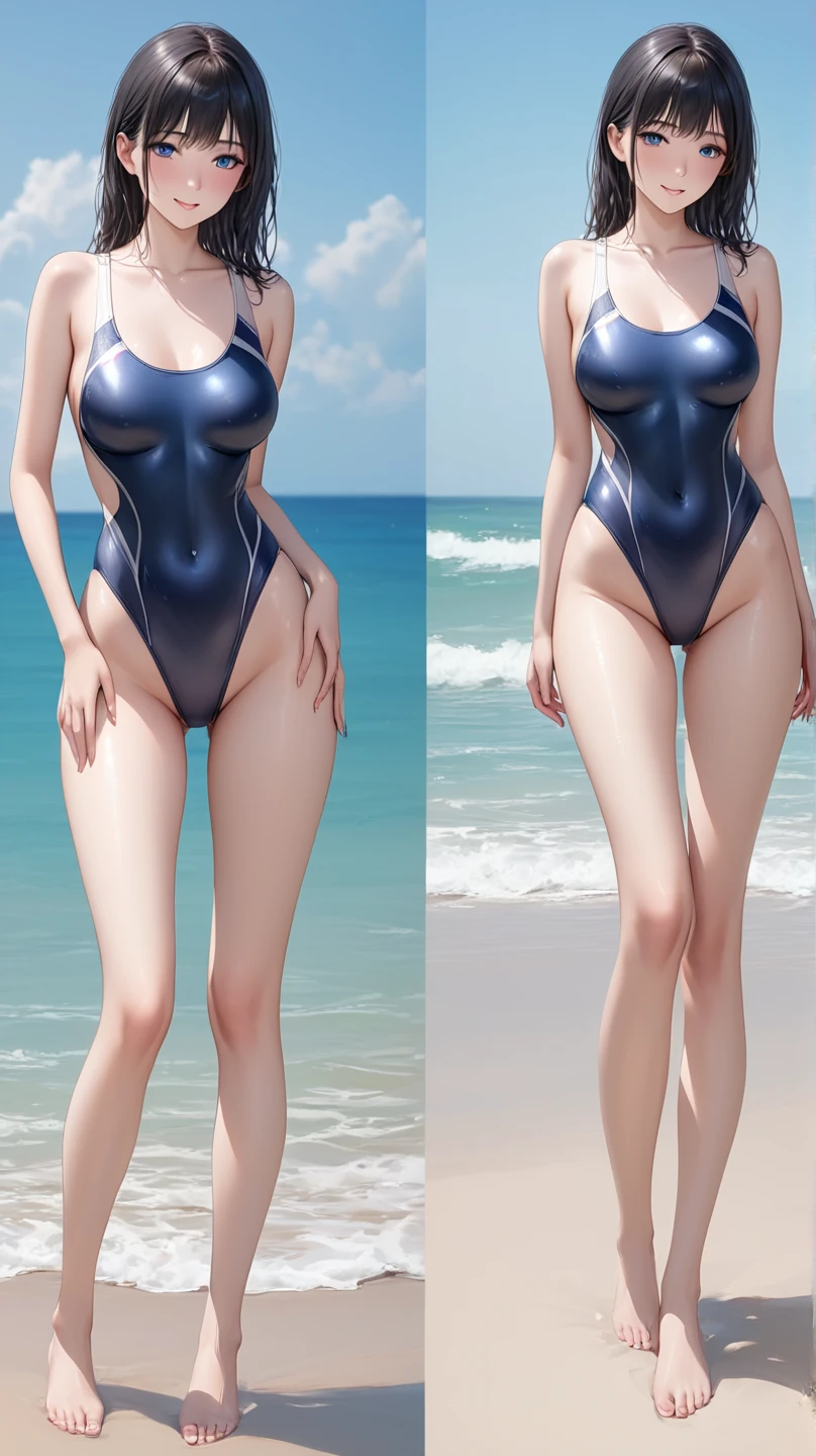Top quality, ultra high resolution, surreal, pores, photo, (photorealistic: 1.4), full body image, face is the same as Minami Hamabe, beach, white see-through swimsuit, sheer pink, sheer dark pubic hair, toned slim body, big, big, beautiful breasts, beautiful legs, long legs, high heels, small ass, gravure idol, campaign girl, smile, natural pose, Clear blue sea, ultra-detailed eyes, white sand, erotic and sexy swimsuit, hair blown in the wind, bright smile, charm, confidence, bold and exciting, extreme string bikini, too small triangle bikini, filamentous micro bikini, T-front shorts, V front panties, waist sticking out, see-through swimsuit, short hair, black hair, topless,