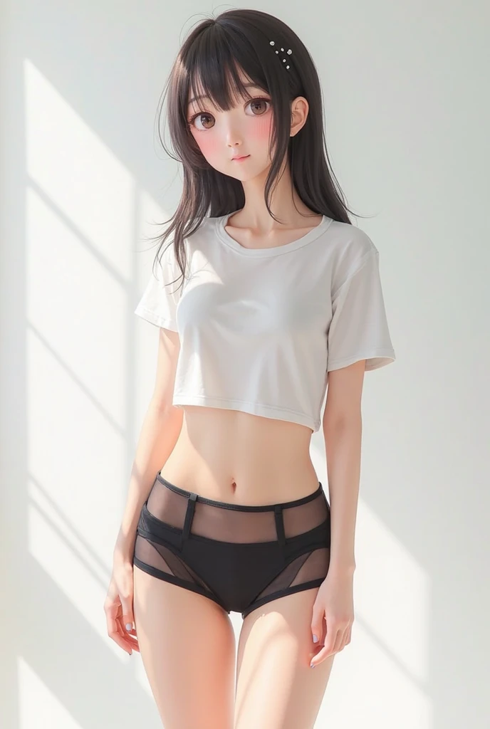 (nsfw:1.1),(masterpiece, best quality), (photorealistic:1.37), RAW photo, highres, 1 girl, korean, perfect face, detailed eyes, (high detailed face), (Body over knee), delicate and pretty, light smile, real human skin, pore, narrow waist, black wavy long_hair, (t-shirt), (bottomless), panties to side spreading legs, puccy, indoors, pureerosface_v1
