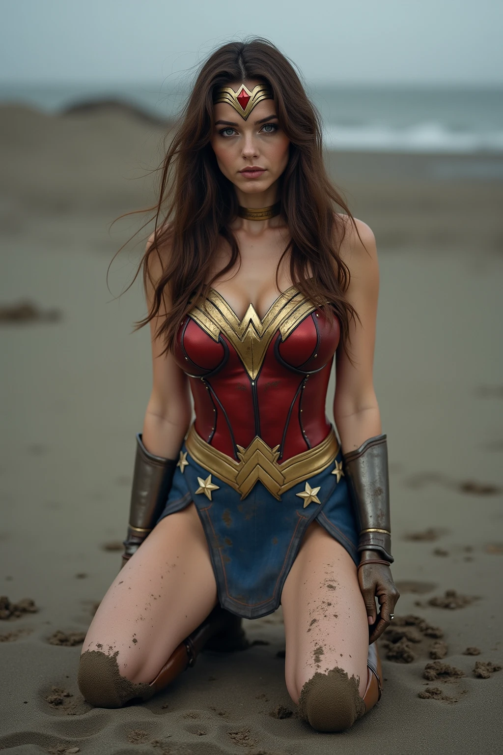 (best quality), (masterpiece), (horror), (bloody), wonder woman, (brunette messy hair), (tired and weak face, busted lips, bleeding lips),(perfect body, perfect boobs, perfect thighs), ((dirty and bloody skin)),(tears, blood, bruises on face and body, blood flowing from head and face, injuries on body, damaged), (wearing wonder woman suit, damaged, ripped +++ and torn clothes, exposed belly, exposed thighs, exposed arms), (kneeling weakly), dark lighting, foggy and smoky, 8k resolution, high saturation, low exposure, destroyed and burning city surrounding. clothes damaged burnt and dirty. costume top ripped cut damaged burnt, costume top ripped cut damaged burnt, costume top ripped cut damaged burnt,
