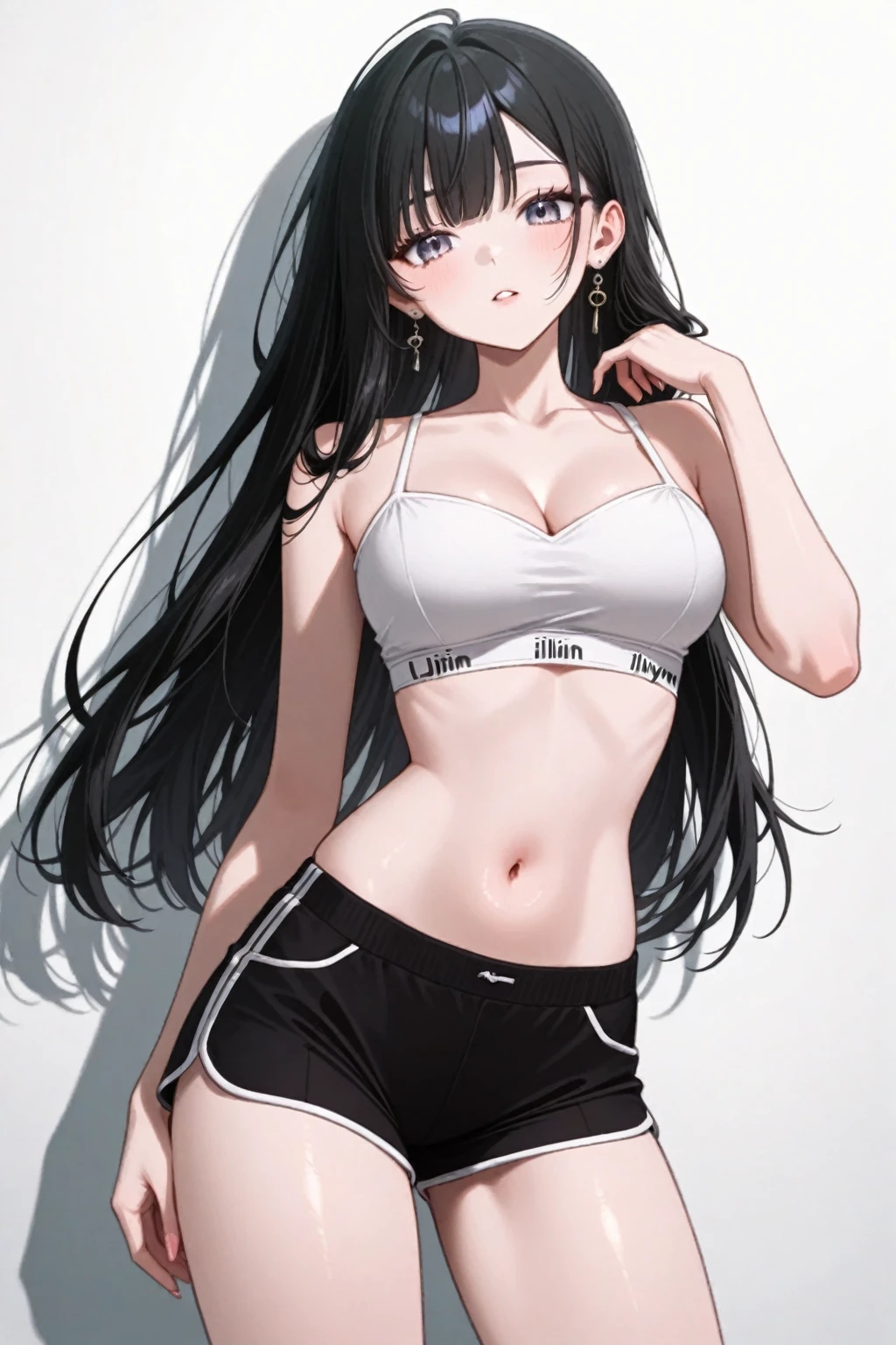 1 girl, muscular, black hair, red eyes, pale skin, solo, shoulder length hair, curvy, very wide hips, large ass, narrow waist, thick thighs, very huge breasts, black choker, black tank top, black jean booty shorts, sultry, navel piercing, midriff six-pack abs, visible cleavage