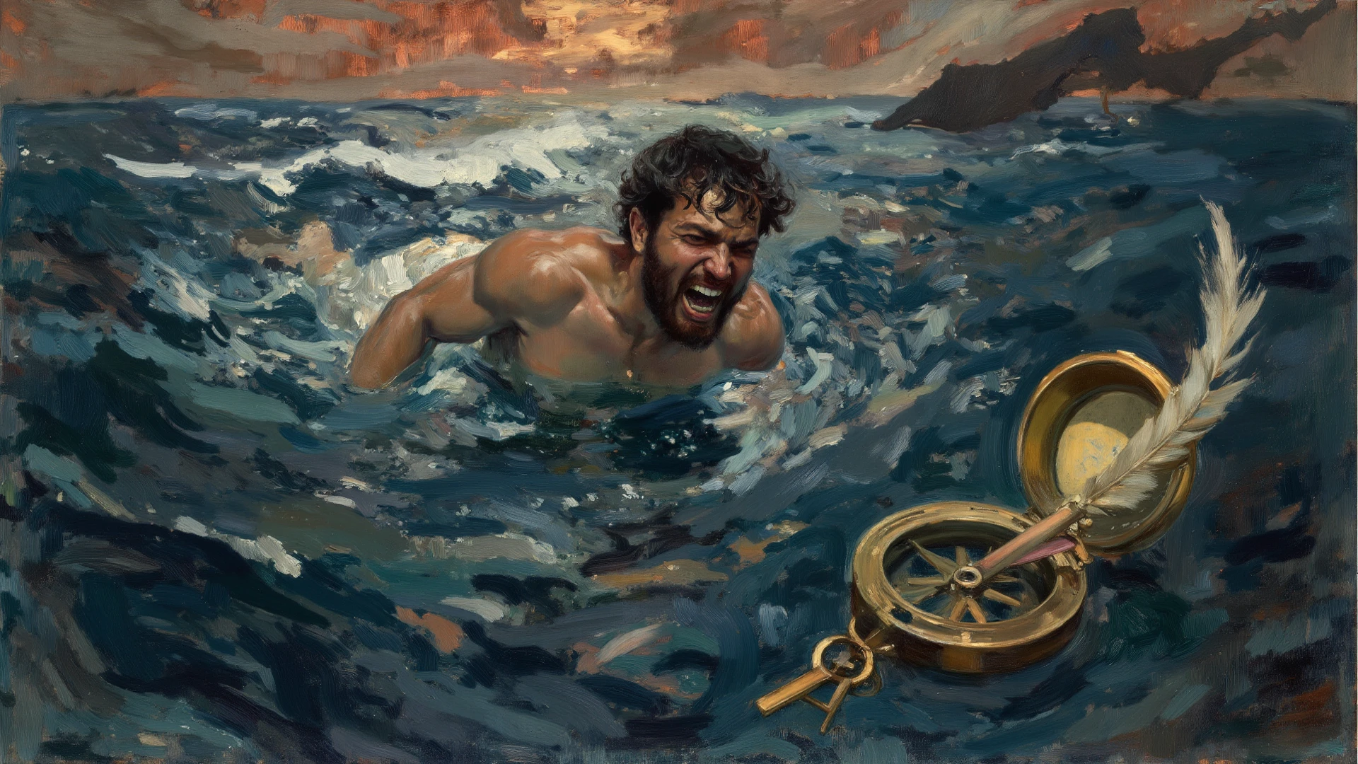 Create an artistic picture of a drowning man
