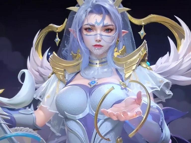 best quality, (masterpiece),(ultra-detailed), (high quality), (high resolution),  <lora:lanatg_tloz:0.7>,1girl, breasts, gem, hat, jewelry, lana, looking at viewer, medium breasts, purple eyes, purple hair, solo, staff, time guardian, white background