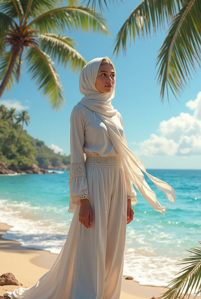 (photorealism), beautiful girl in white hijab . stand up atbeach, wearing loose tshirt with hoodie, jeans pants, long curly hair, , soft lighting, background a beach, have sunlight, relaxed pose, , warm color. anime versi