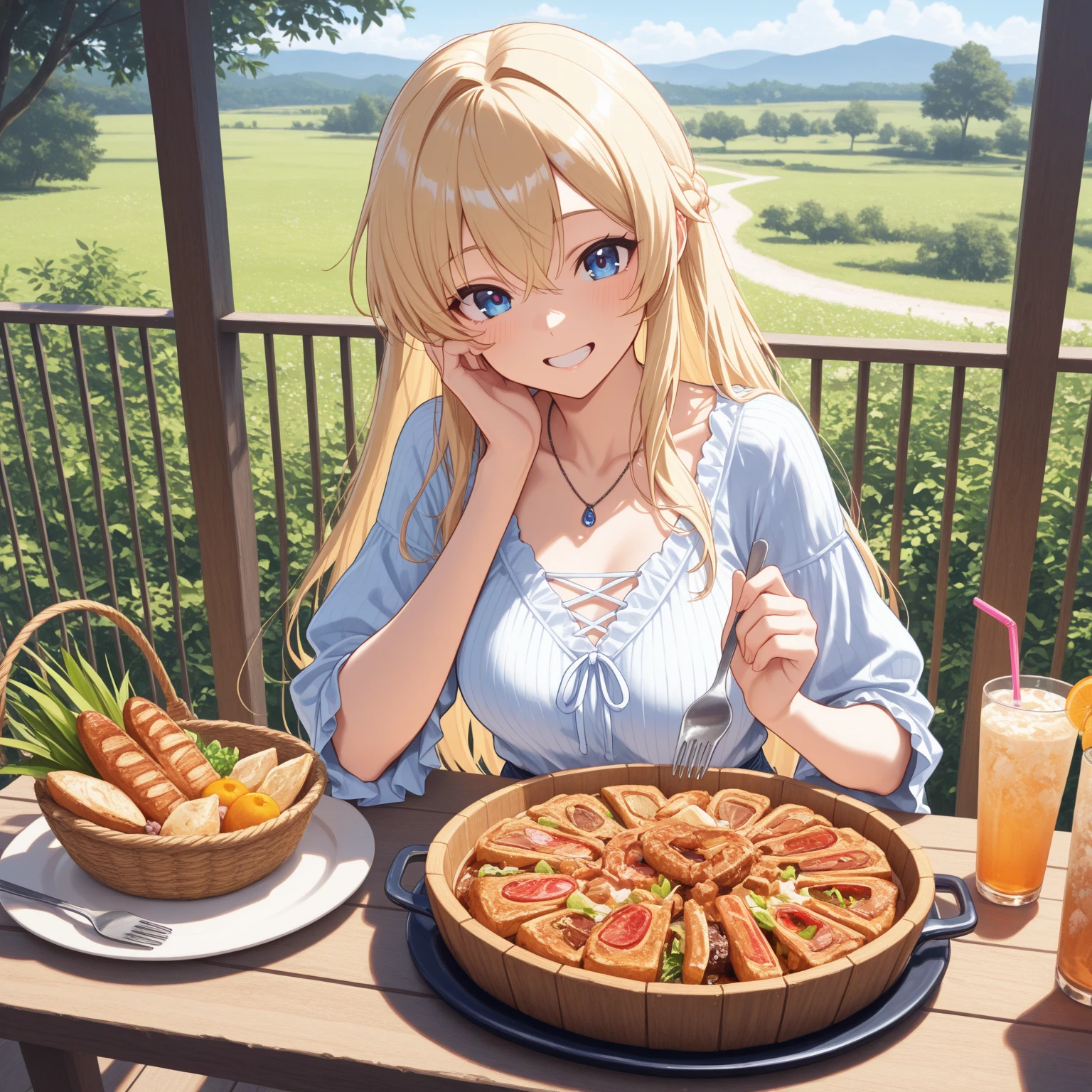 (best illustration, high quality, ultra-detailed), sunny weather, lawn master, barbecue, zubora, carefree, variety of vegetables, meat, animals, wine, lively and fun friends, picnic, summer, under trees, young people in their 20s