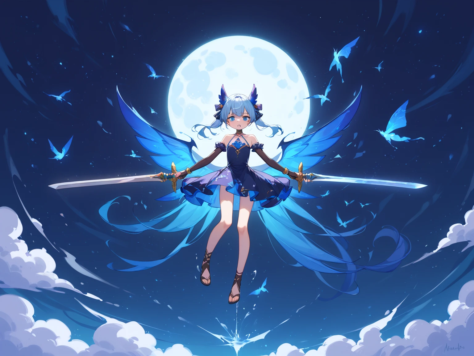 ((extreme detail)),(ultra-detailed),(painting), chiaroscuro, extremely detailed CG unity 8k wallpaper, <lora:OSGwen1-000004:0.7>gwendolyn,hip feathers, strapless dress, crown, polearm, detached sleeves, choker, feather hair buns, looking at viewer, <lora:OdinSphereStylev1.1:0.7>OdinSphereStyle, midnight, cloudy_sky, crescent moon, forest, moonlight, horizon, nature, outdoors, scenery, starry sky, tree, rotating,