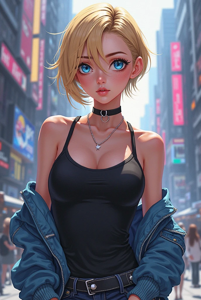(Highly quality, masterpiece, detailed), city detailed scenario, city detailed background, solo, Gwen, blonde hair, multicolored hair, short hair, hairband,sitting on top of a building, perfect face, beautiful eyes, look at the viewer, Sexy pose, sexy lingerie