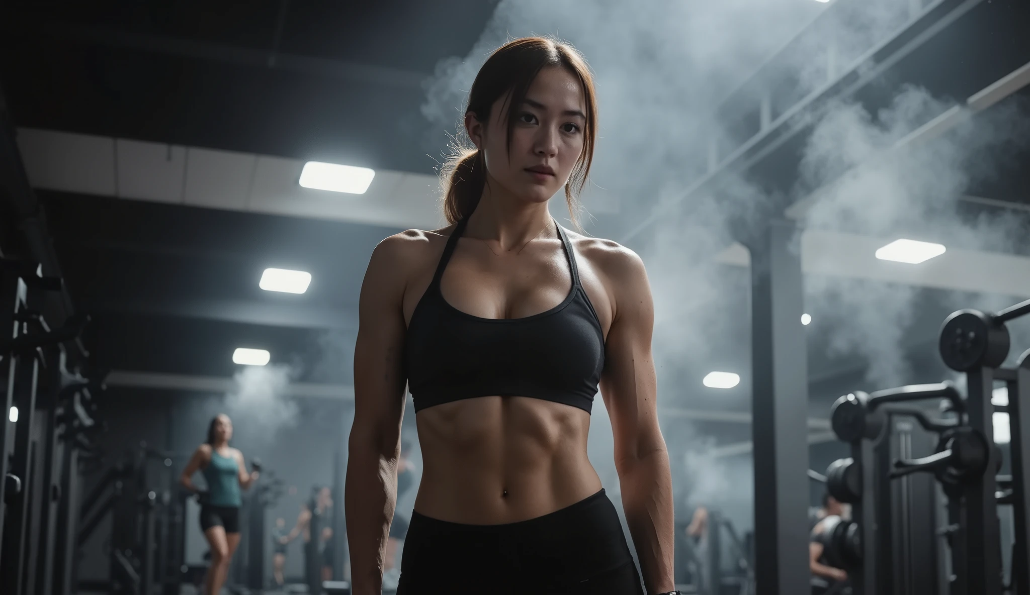 a muscular athletic woman just finished weight training, standing still with sweat on her skin, subtle steam rising from her body, fixed camera angle, only the steam gently sways, intense gym atmosphere, moody dark lighting, smooth seamless loop