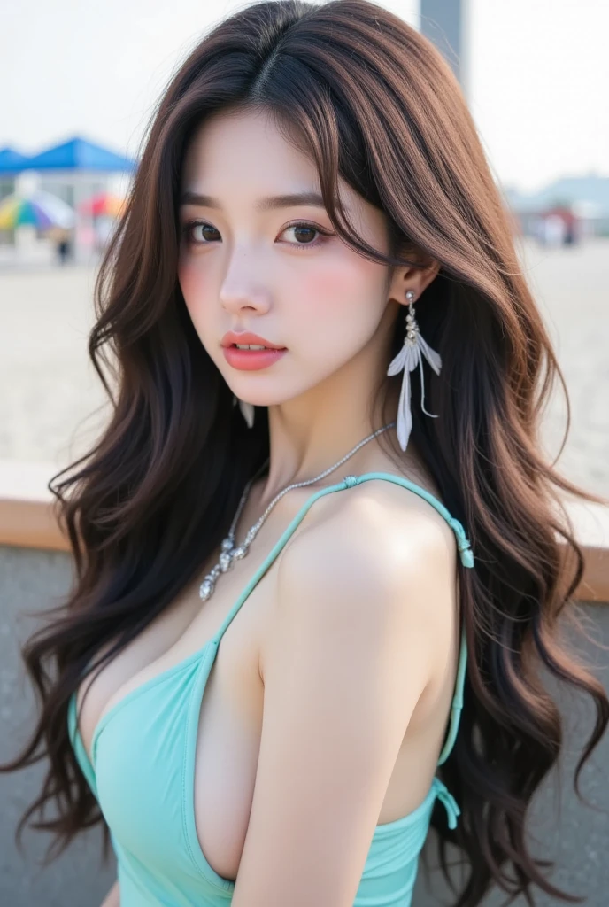 ((Genuineライティング、Highest quality、8K、masterpiece:1.3))、8K、Clear focus:1.2、Browsing Caution、(nude:1.5)、((Genuine)) 、((Genuine light、Highest quality) )、Model Body Type:1.4、(Dark brown hair、outside:1.8)、Dark brown eyes、Long Hair、Resort、At Nangoku Hotel、(24-years-old:1.3)、Highly detailed face、Beautiful Eyes、double eyelid、necklace、Put your hair over one eye、High heels、eyeliner、Please comb your hair、Blue sea view、liberation、Model pose、、(Browsing Caution:1.5)