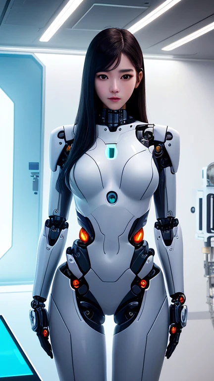 masterpiece, best quality, extremely detailed, (8K, 4K, Best Quality, hight resolution, 超A high resolution:1.1), (masutepiece, Realistic, Photorealsitic:1.1),8k portrait, Japaese android Girl,Plump , dark black leg cover,announcer,control panels,android,Droid,Mechanical Hand, Robot arms and legs, Black Robot Parts,Black hair,Mechanical body,Blunt bangs,perfect mechanical abdomen,White robotics parts,perfect robot woman,future laboratory,cyber pank,charging spot,laboratory,long tube,thick cable connected her neck,white ceramic body ,perfect mechanical body, white robot body,lod antenna,mechanical ear cover,android,robot humanoid,black sponge joints,The removable cover is in the groin,The connection port is in the groin,opened chest panel,access panel on the chest,opened breast panel,perfect mechanical breast,perfect machine body,perfect android body,She has repaired,assembly plant,miniskirt,dark black tights,dark black leggings,