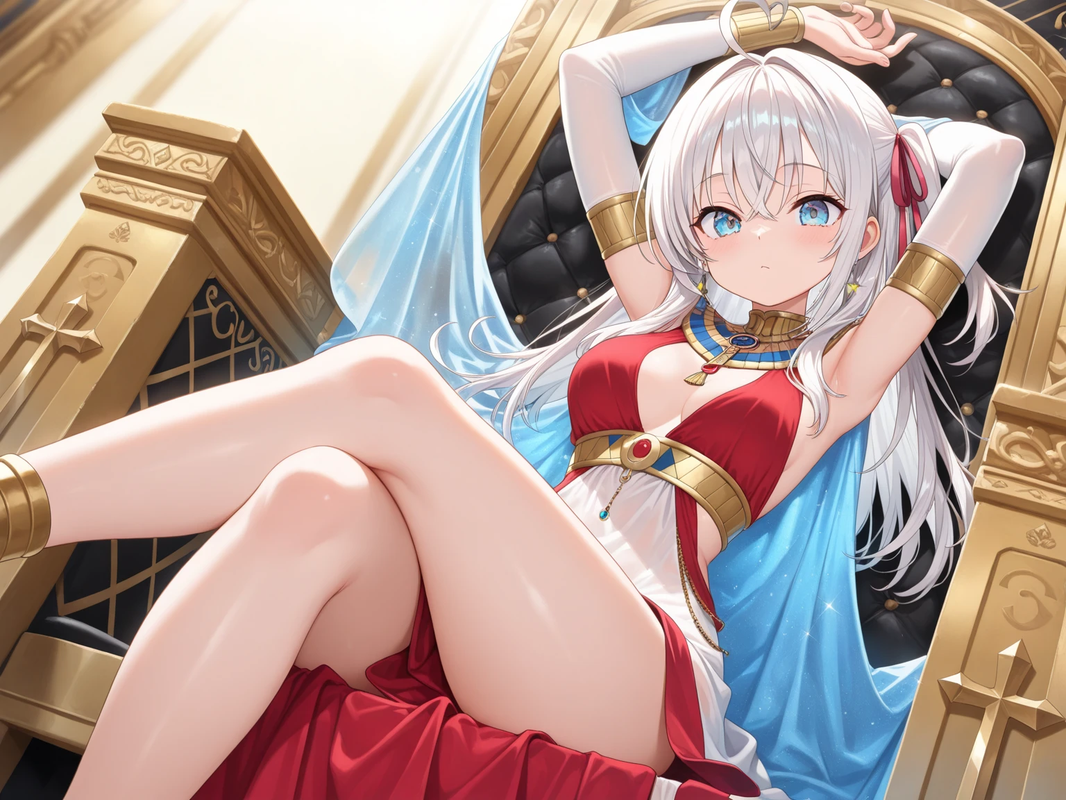 hiten kei style, claude monet, oil painting, nsfw, masterpiece, 1 girl, erect nipples, intricately detailed, topless, navel, bare shoulders, necklace, erect nipples, puffy nipples, gold blonde hair, long white skirt with gold trimmings, royal bed, curtains, gold furnitures, window, bedroom, curtain, Blue sky, extremely detailed, cg masterpiece, bare breasts, nipples, light blue eyes, bare stomach, sweaty, medium breasts, pale skin, smiling, flat colored, tiara, long hair, head tilted to side, princess, cowboy shot, thigh strap