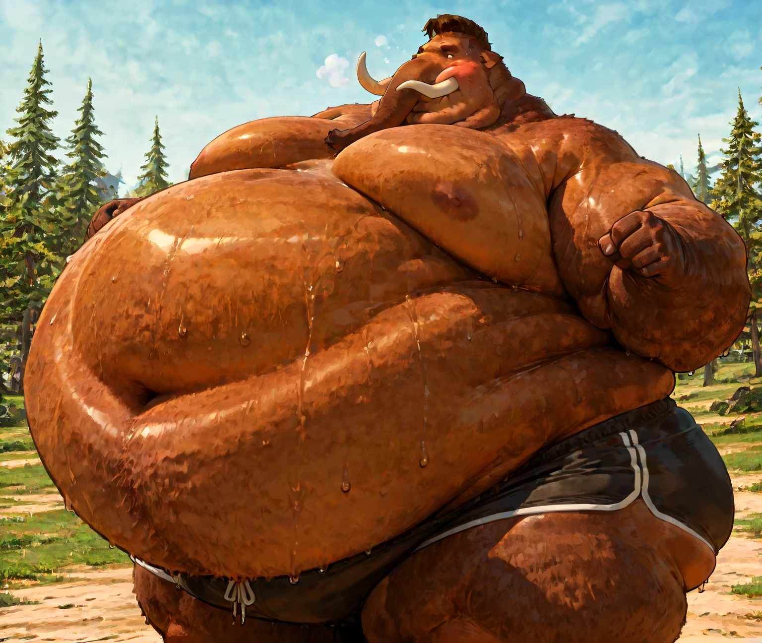 Brown dog beastman male。
Big muscles。Big Belly。thick limbs。
Loincloth。bulge。Upper body naked。
grassland。sweating。Realistic。Low - Angle。Gentle expression。