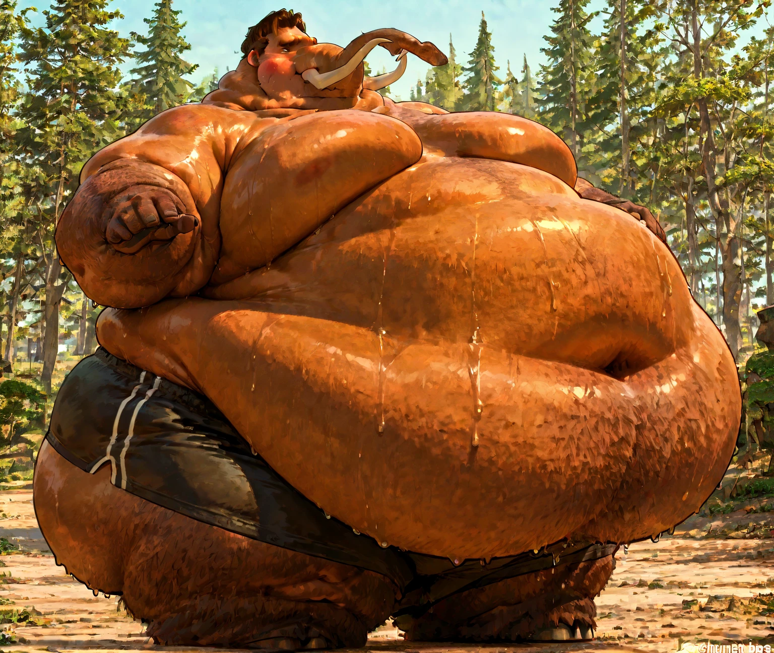 (masterpiece, best quality, a tall impossibly obese anthro lion man swimming in a pool in a backyard, large bulge, wearing swimming trunks, bhm, moobs, fat arms, fat legs, hyper fat, hyper belly, (gigantic belly), ((lion,)), huge belly, big belly, flabby belly, flabby, massive belly, fat rolls, belly rolls, incredibly obese, furry, enormous,  smiling, fat face, fat cheeks, plump cheeks, chubby face, double chin, huge legs, massive arms, fat arms, fat legs, male, small breasts, flat chest, masculine chest, scalie, short hair, brown hair, tail, long tail, smiling, friendly, wet,:1.3), crisp vibrant detailed soft painterly digital art, volumetric lighting, natural lighting, realistic lighting, vibrant colors, crisp oil painting, painterly realism, depth of field, subtle soft details, vivid, fresh, striking, by chunie, by darkgem, by honovy, by zaush, by anhes, by puinkey, by caraid, by dagasi, by taranfiddler, by atey ghailan, by MilletGustave, by Curbet, Charlie Bowater, lol art