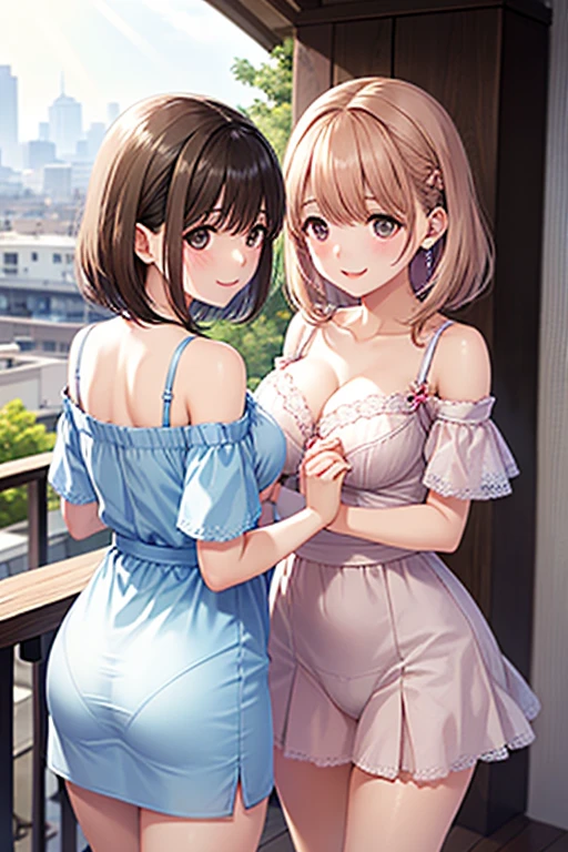 NSFW、独奏、Toned body、Bare thighs、（White dress white、No sleeve）、(short hair、Brown Hair、Barrette、hair ornaments)、(Brown eyes:1.5)、(yuihirasawa、yui hirasawa、Yui Hirasawa)、(Panty shot、White panties、Panties transparent with sweat、Mansuji)、Big Breasts、In town、bustling street、独奏