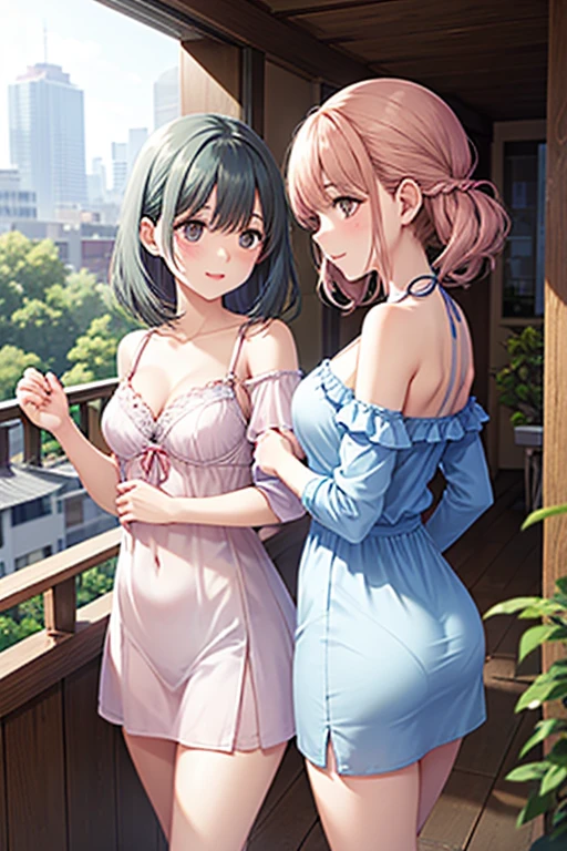 Highest quality, Super detailed, (Ultra-high resolution,8k), Ultra-high definition 4K, (Perfect ???????, Anatomically correct), (5 cute girls), (Beautiful Eyes), (Detailed eyes), (High-quality facial beauty), (In the water city), (Photorealistic), (Big Breasts), Soft Skin, Glowing Skin, (Delicate floral dress:1.3), Bright lighting, Great fun, (5 cute girls), colorful, Goddess-like beauty