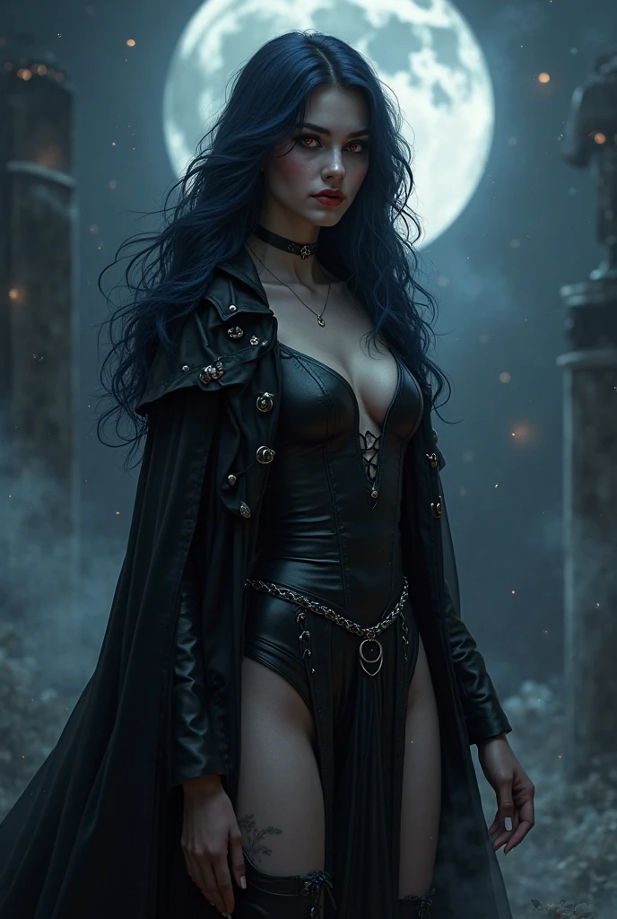 Anime art style, stunning masterpiece depicting a captivating Black female vampire, long dreadlocks cascading elegantly like flowing silk, exuding a rich deep blue hue that embodies her essence, wearing a sleek, form-fitting black social dress that hugs her curves gracefully, accentuated by a stylish leather jacket adorned with intricate silver detailing, sharp and elongated fangs gleaming menacingly from her alluring lips, extraordinarily long claws that add an element of danger to her beauty, positioned against a dark, moody backdrop that enhances her striking figure, the scene filled with a blend of rich colors highlighting her mysterious aura, ethereal wisps of fog swirling around her feet, soft moonlight illuminating her features and adding a touch of mystique to the composition, creating a striking contrast between elegance and threat, anime-style emphasizing detailed linework and vibrant colors to captivate the viewer's attention, invoking a sense of fantasy and adventure within this dynamic character portrait.