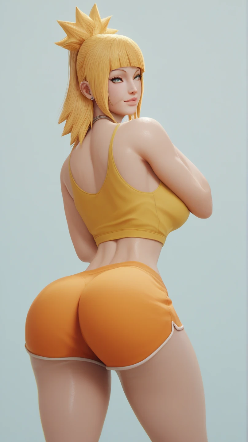 a woman stoya-30000 in a white top and pink shorts is standing next to a bike with a yellow background and, by Quentin Tarantino, 1girl, bracelet, ((raven colored hair)), jewelry, letterboxed, lips, long_hair, makeup, medium_breasts, midriff, nail_polish, navel, necklace, nose, orange_sky, pink_shorts, realistic, shorts, solo, sun, sunset, tattoo,wristband, yellow_background, yellow_sky, beautiful detailed glow, detailed, Cinematic light, intricate detail, highres, detailed facial features, high detail, sharp focus, smooth, aesthetic, extremely detailed, stamp, octane render,((fully covered ass, , bend over, bending, looking back, backside, POV pov from back, ))
