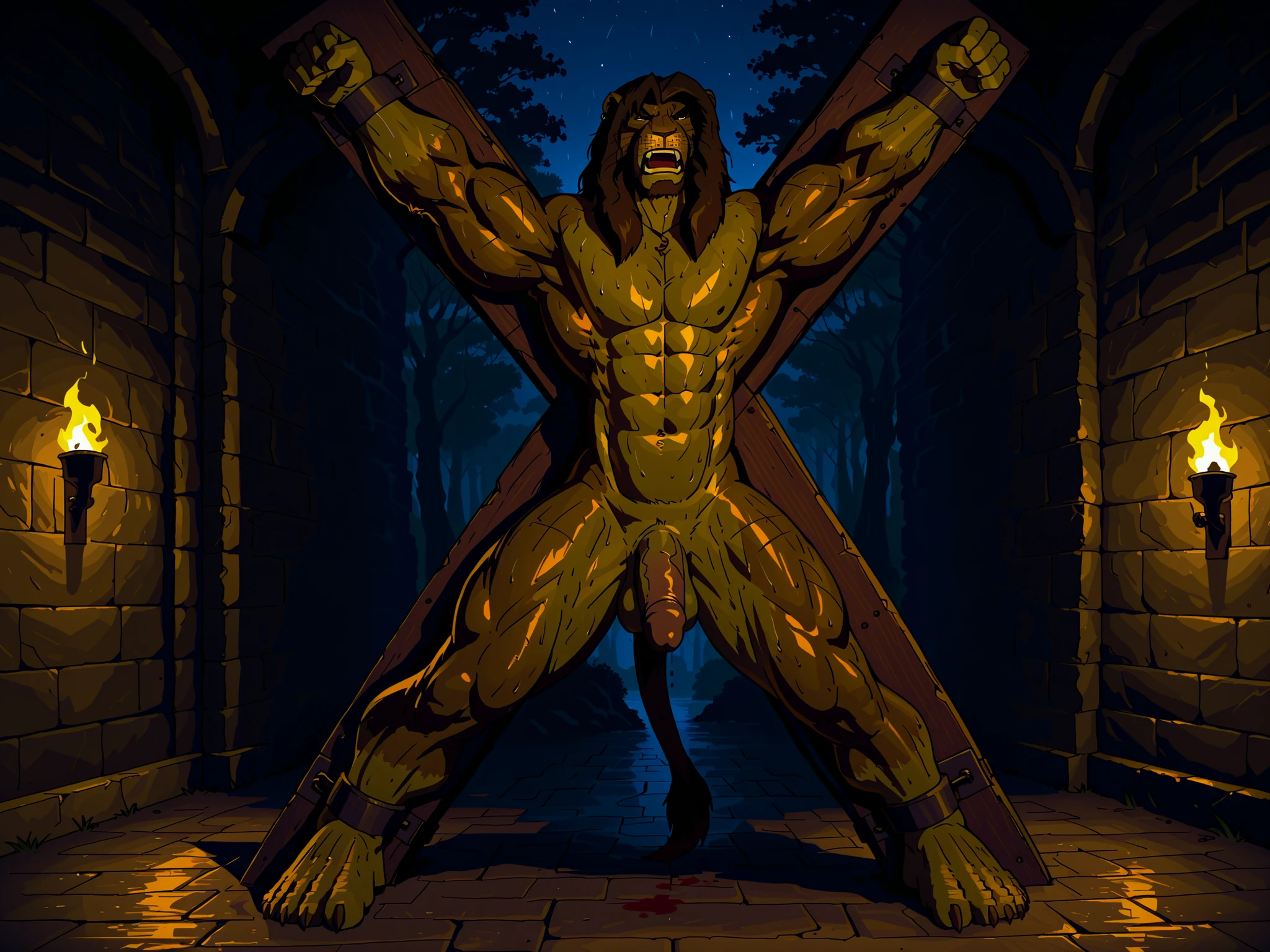 x-cross (bdsm),bondage, restrained, legs apart,in Stocks Pose,Cuffs on Ankles and Wrists,x-cross (bdsm),bondage, restrained, legs apart,canyne_khai,(masterpiece, highly detailed face, detailed realistic brown eyes), Galen Dhaelos, lion head, 1boy, solo, dark brown mane, muscular male, bara pecs, male, front view, dramatic lighting, half body, naked, flaccid penis, waist up, angry, eyes closed, dark street, night time, rainy weather, Aztec architecture, laying on ground, defeated, knocked out, cuts, BattleDamage, bruises, damaged, torn clothes, blood, Galen Dhaelos,x-cross (bdsm),bondage, restrained, legs apart,in Stocks Pose,Cuffs on Ankles and Wrists,(masterpiece, ultra-detailed, cinematic lighting, 4K, sharp focus, full-body, wide shot, dramatic torch lighting, frontal light, dark fantasy), Galen Dhaelos — a tall, heroic anthro lion warrior with a thick dark brown mane and expressive, realistic dark brown eyes — is fully restrained in a large, ancient dungeon. wide shot, look from afar, He is bound in a dramatic crucifixion pose on a massive metal X-cross bolted to the stone wall behind him. Heavy iron chains pull his arms and legs wide apart, stretching his muscular but proportionate body. A strong light shines down on him from above, illuminating his chest, abs, and face, while the surrounding dungeon remains in deep shadow. His body is bare, showing defined but natural muscle structure beneath soaked fur. He's exhausted, hanging from his restraints, he struggles, pulling on his restraints, struggle against bondage. scars, open cuts, whip marks, flog marks, bruises, blood, Behind him, the X-cross is clearly visible — iron, weathered, riveted, surrounded by faint magical glyphs. Torchlight flickers on the dungeon walls, casting ominous shadows. The scene captures pain, resistance, and epic tension in a grim, magical world. Tags: crucifixion, CROSS_X, x-cross, chained, struggling, heroic dark fantasy