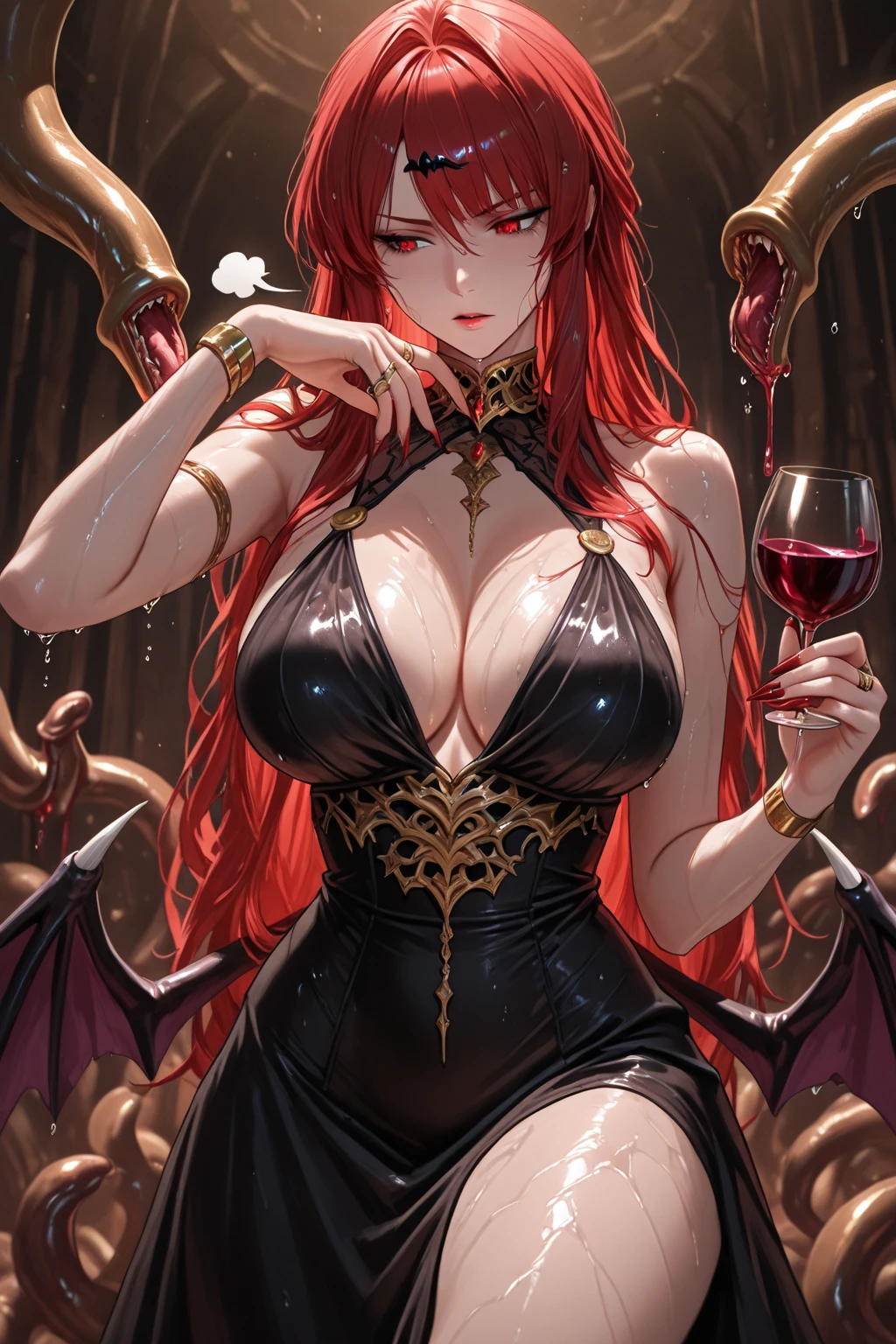 Vampire girl aristocrat sexy gothic black clothes, gothic clothes, choker holding a glass of wine, vampire fangs