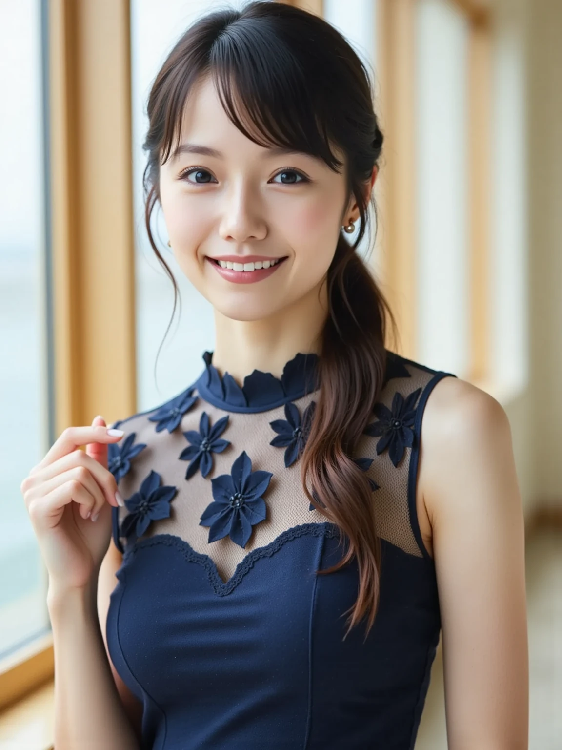 Medium display, Medium Shot, Written boundary depth, bust, Upper Body, Movie angle, masterpiece, Highest quality, Very detailed, CG, 8k wallpaper, Beautiful Face, Delicate eyes, Otome, alone, smile, bangs, skirt, shirt, have, Cobalt blue dress with gold trim, Laugh mischievously、Floral Background