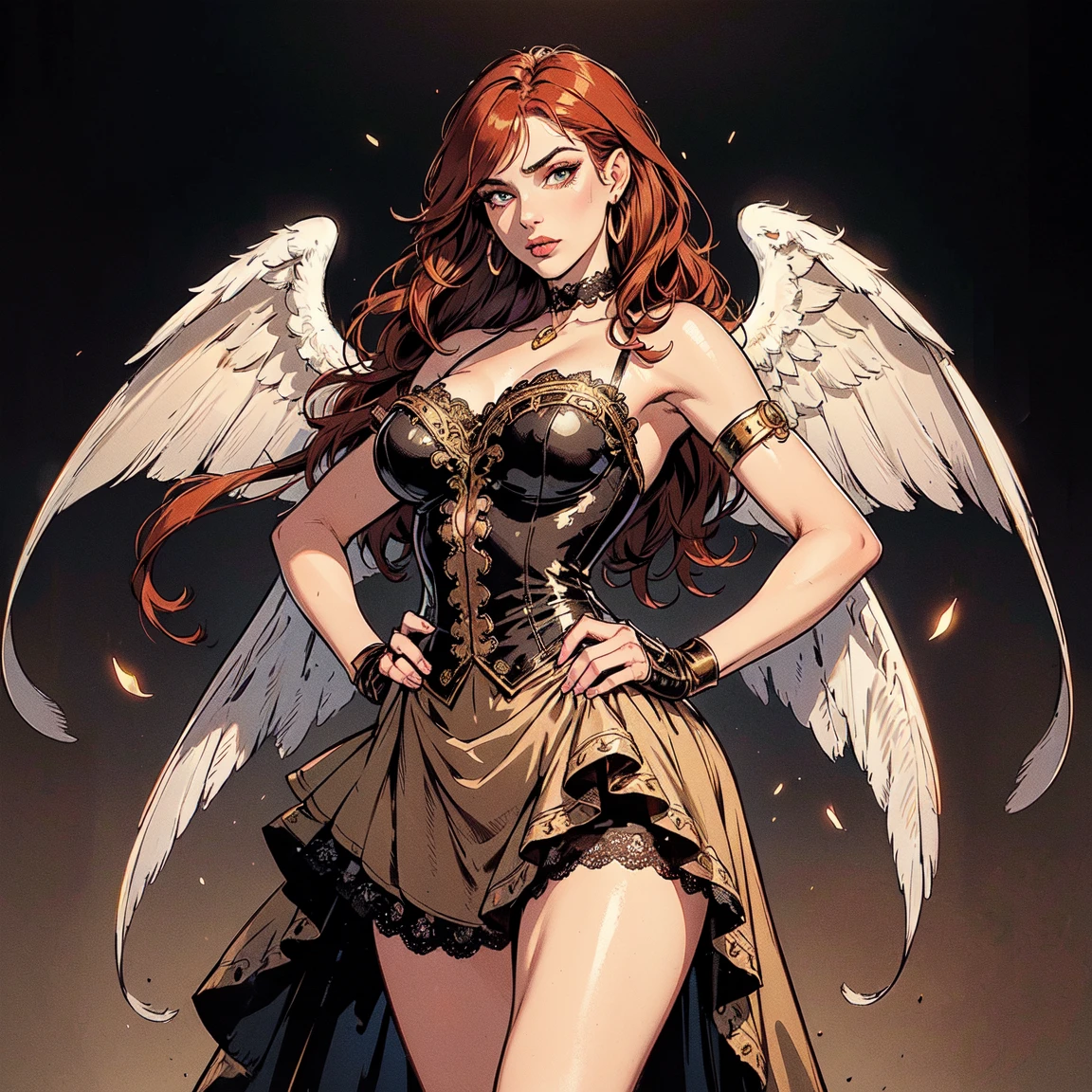 (best quality,8k:1.2,high resolution:1.2),ultra-detalhado,Realistic,vintage godess female,long red curly hair,rosto extremamente detalhados,long eyelashes,big angel wings,soft white dress,cleavage,suntan tights,metalic accessories,Physically-based rendering,sharp focus,studio lighting