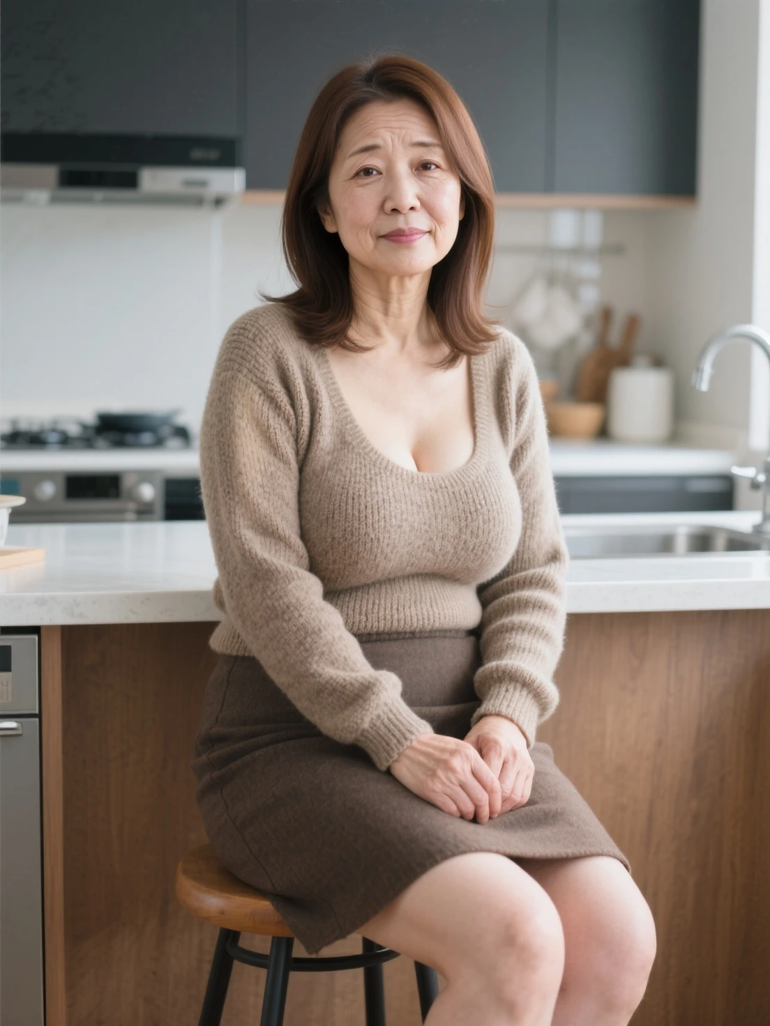 ((highest quality)), ((masterpiece)), (Familiar), Perfect Face, Mature Woman, 65 years old, Japanese, (Voluptuous), Big Breasts, Large areola, Erect nipples, Round and small face, Big Nose, length, Narrow eyes, Cat-like eyes, , Big Ass, Plump thighs, Full body image, Tank top, Lightweight mini shorts, Shallow inseam, Wavy short hair,