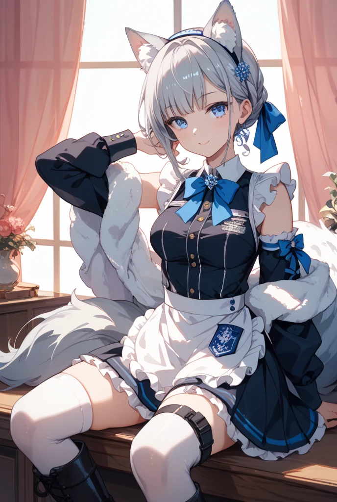 masterpiece, best quality, matikanetannhauser \(umamusume\), upper body, cabbie hat, blue headwear, blue bowtie, cape, white shirt, collared shirt, shoulder cutout, puffy long sleeves, panties, center frills, corset, belt pouch, belt, sitting on sofa, spreading legs,