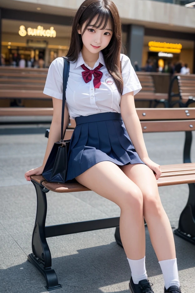 wear Japanese school uniform,wear a sailor、wear a pleated skirt、(show panties)、 ponytail, japanese girl, 8K, huge breasts, highest quality, masterpiece, realistic, Photorealistic super detail, one girl, cute, best smile, beautiful eyes, long hair, perfect face,full body shot