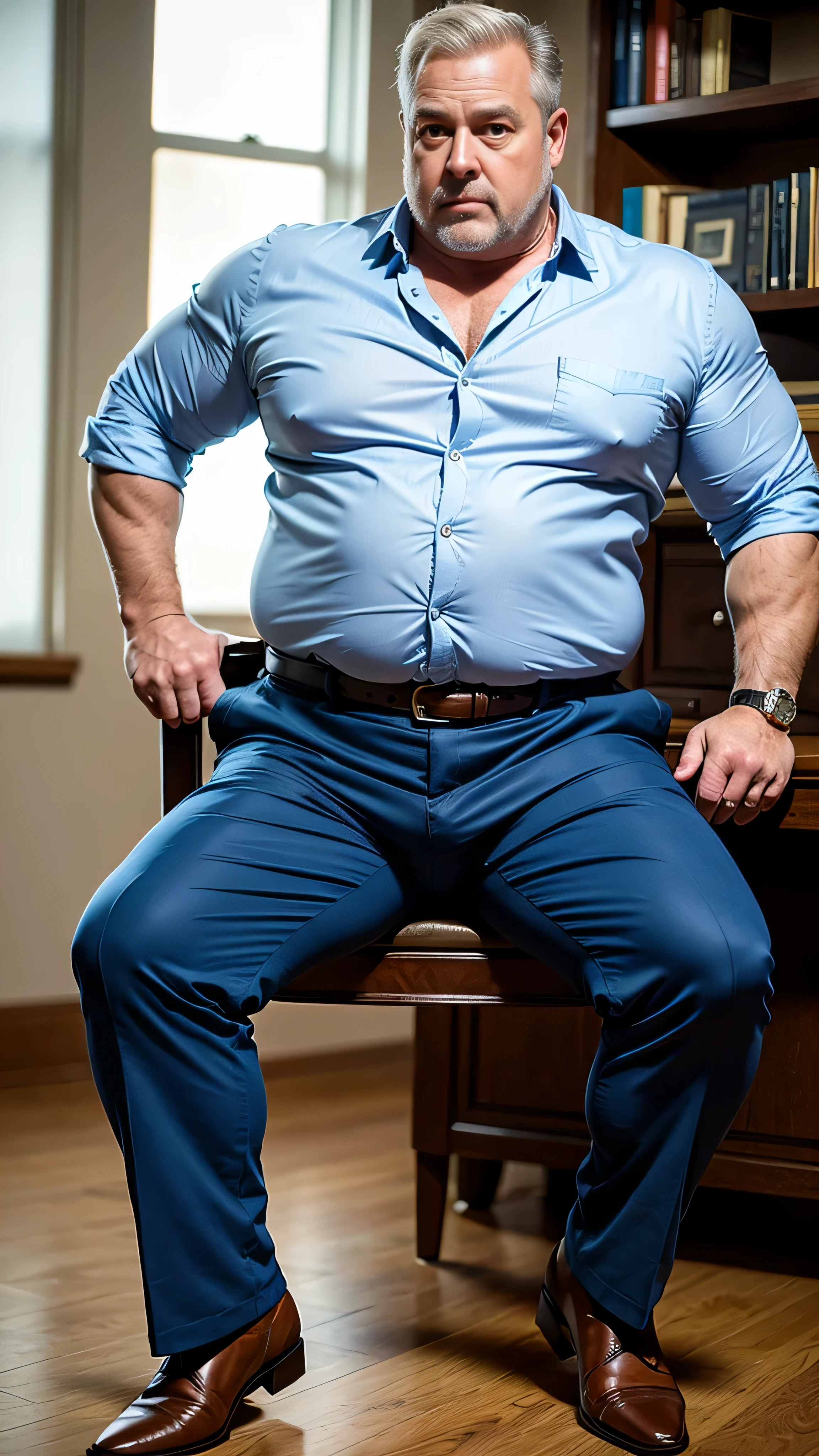 Hyperrealistic image of tow man. Appearance:age 60, white man , horny disgusting, muscular chubby, kind, mature daddy, hairy chest hard nipple.Clothing: shirtless, Dress Pants with big hard bulge, belt, loafer. and a age 60 shirtless white man on his knee at the office grabbing boss's leg Begging boss have sex