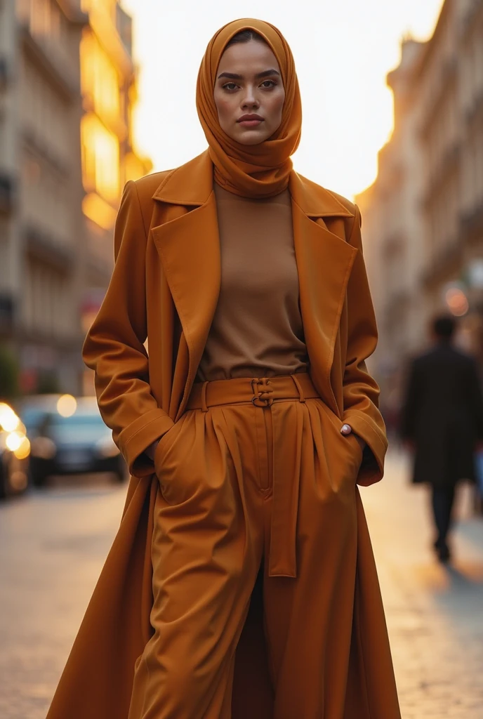 Woman with pastel yellow blouse, She has her head covered with a marmalade-colored veil and black pants, brown shoes.