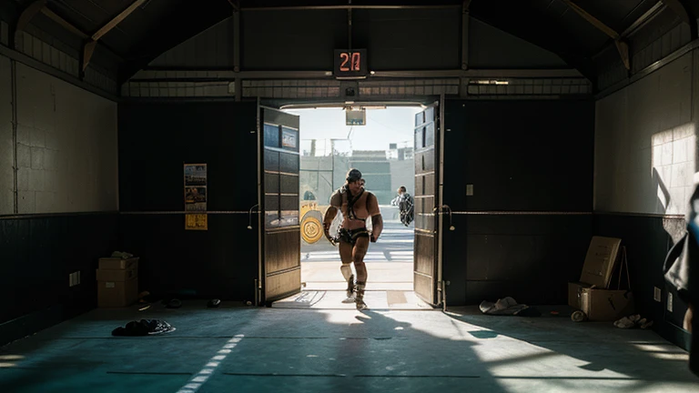 an extremely hairy , blond, short-haired military haircut, young, worried, sweaty, muscular gladiator , hairy legs, hairy chest, strong hairy shoulders, strong hairy arms, standing on a platform in a crowded roman arena, wide angle , photorealistic, 8K