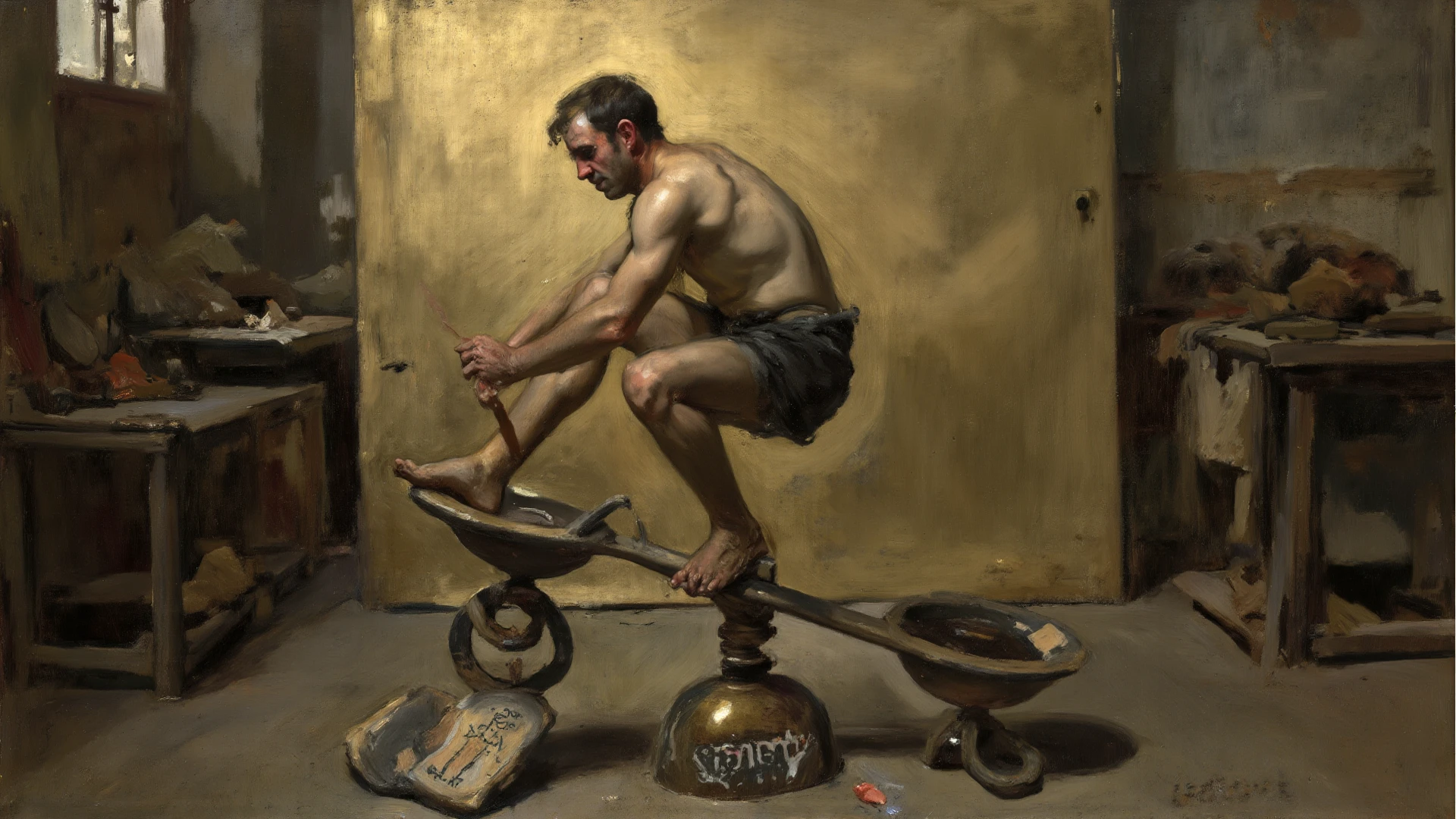 in roberto ferri art style, LARGE SHELVES CONTAING ALL KING OF TOOLS, "the instruction processor", fullbody, a young latino man OPERATING a golden rich instricate detailed machine, soft colors, with a confident look, miling, sexy gaze, perfect anatomy, fullbadoy, shirtless, pantless, barefoot, standing on a chair fixing the machine shelves with all kind of tools, skinny detailed muscles, muscled legs, handsome, gorgeous, man adventurer, latino, rose, smirk, short bob haircut, ruffles, silk, reach intricate background, realism close up portrait, oil painting, masterpiece, shadows, expert, insanely detailed, 4k resolution, caravaggio, john william waterhouse, By Caravaggio colours, chiaroscuro, mtg, dnd, fantasy