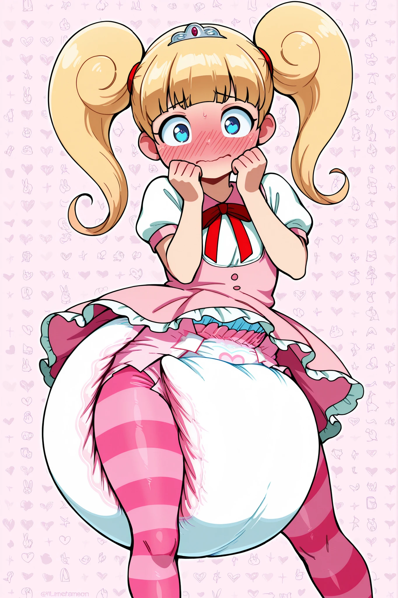 high resolution, amazing quality, best quality, very beautiful, masterpiece, very high resolution, in demand, one girl, small stature, blonde hair, pigtails, blue eyes, short stature, dress, diaper, huge diaper, thick diaper, chunky diaper, pink diaper, striped pantyhose, pink pantyhose, solid color, looking at viewer, pink gradient, heart pattern background, blushing, embarrassed, contrapposto