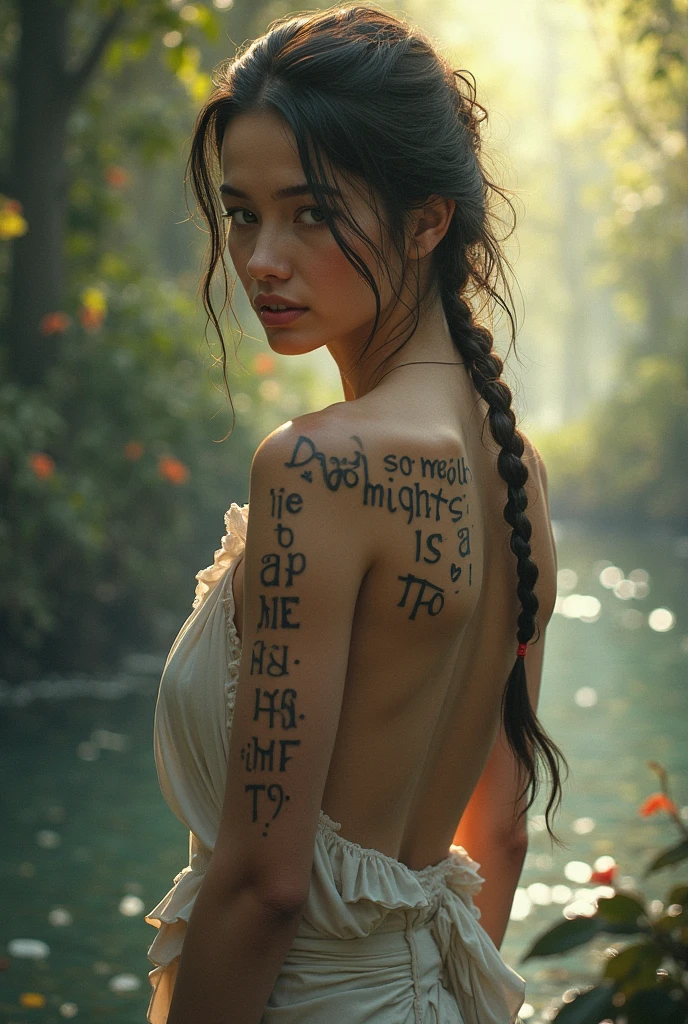a full body photo, American flat, native, indigenous warrior, tribal, natural skin texture, wrinkles, dirty skin, 24mm, 4k textures, dirty skin, soft cinematic light, adobe lightroom, photolab, smiling, bandana, rain detailed, braided detailed pigtails, tattoos, masterpiece, (beautiful light brown eyes detailed: 1.1), best quality, illustration, (detailed lighting: 1.2), (beautiful detailed brightness: 1.3), Small swimwear, deep neckline, intricate, digital paint, soft and sharp focus, End of the World, Epic Realistic, (HDR:1.4),(fog), ((fog)), fog, (Muted Colors:1.4), Neutral Colors, Night, Dusk, Refractions of Screen Space, (Intricate Details, Hyperdetailed:1.3), Cinematic Photo, Vignette, Dark Colors, Vampire Hunter