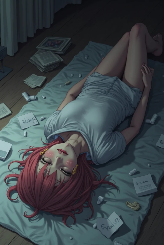 Anime image of a woman lying on a bed of blood with a rose garden in the background, un dibujo de anime por Shingei, Ganador del concurso Pixiv, Arte conceptual, Antecedentes horribles, Los ojos parecen muertos, Zombi con ojos blancos, horror!! Altamente detallado, Anime de terror de 8 0, cursed images, still from animated horror movie, Gapmoe Yandere