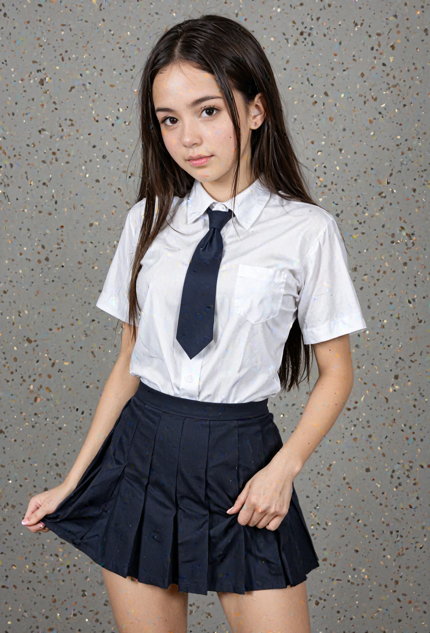 A model in school dress, masterpiece, High Resolution, Very resolution, very detailed (Black Hair), White Blouse, Blue Short Ribbon Tie, Blue Skirt)((upskirt)), Small, Neat, Black Eyes, Standing, Gentle Smile) Scaled Out