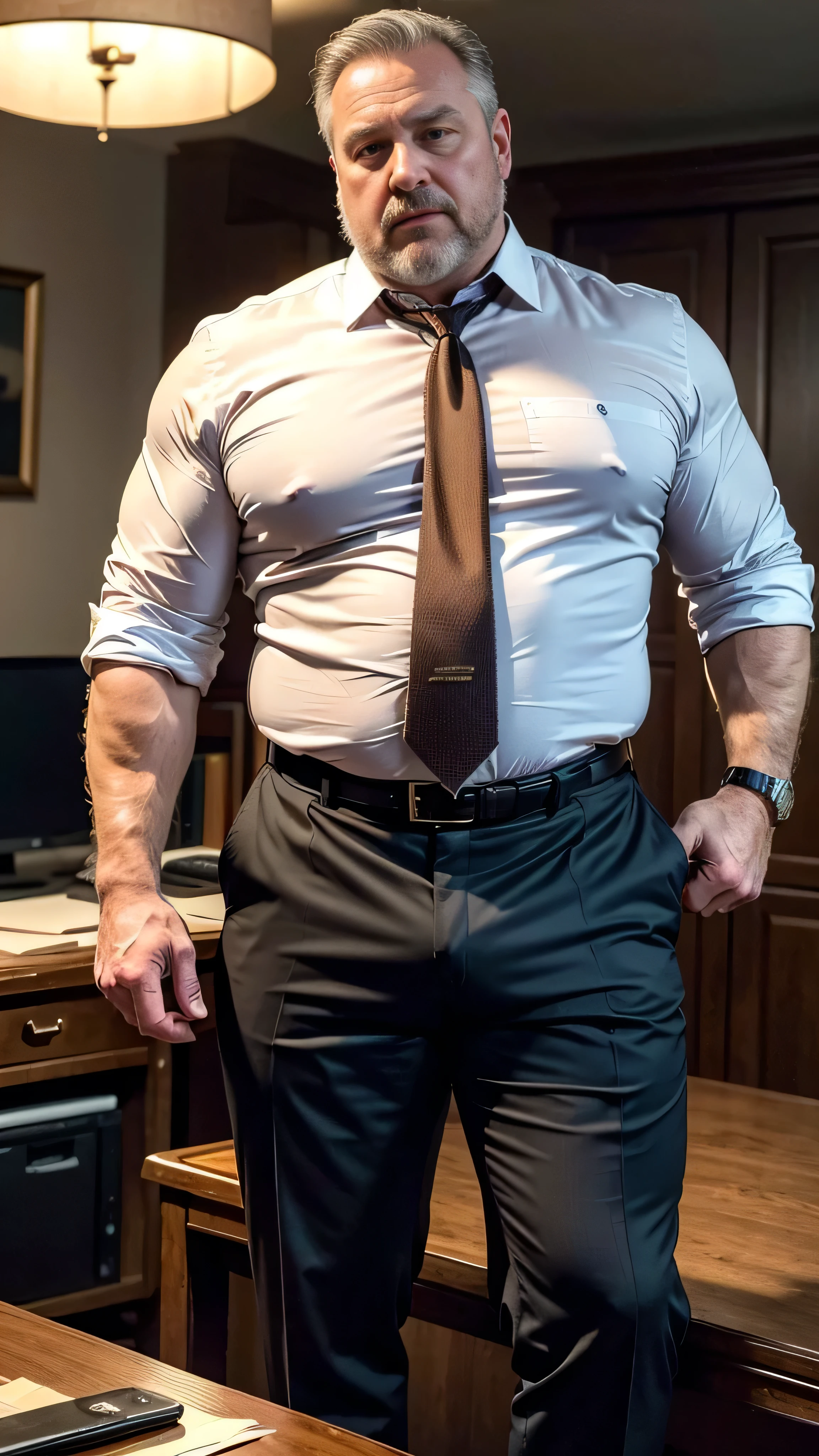 age 60, white man police detective with a mature, kind demeanor, strong and muscular yet chubby build, mustache, wearing dress pants and a buttoned-open translucent shirt that reveals a hairy chest and a noticeable bulge, wearing detective badge on belt, giving off a hint of a horny yet disgusting aura, completing the look with comfortable loafers. Nice bulge, nicebulge, big bulging crotch,